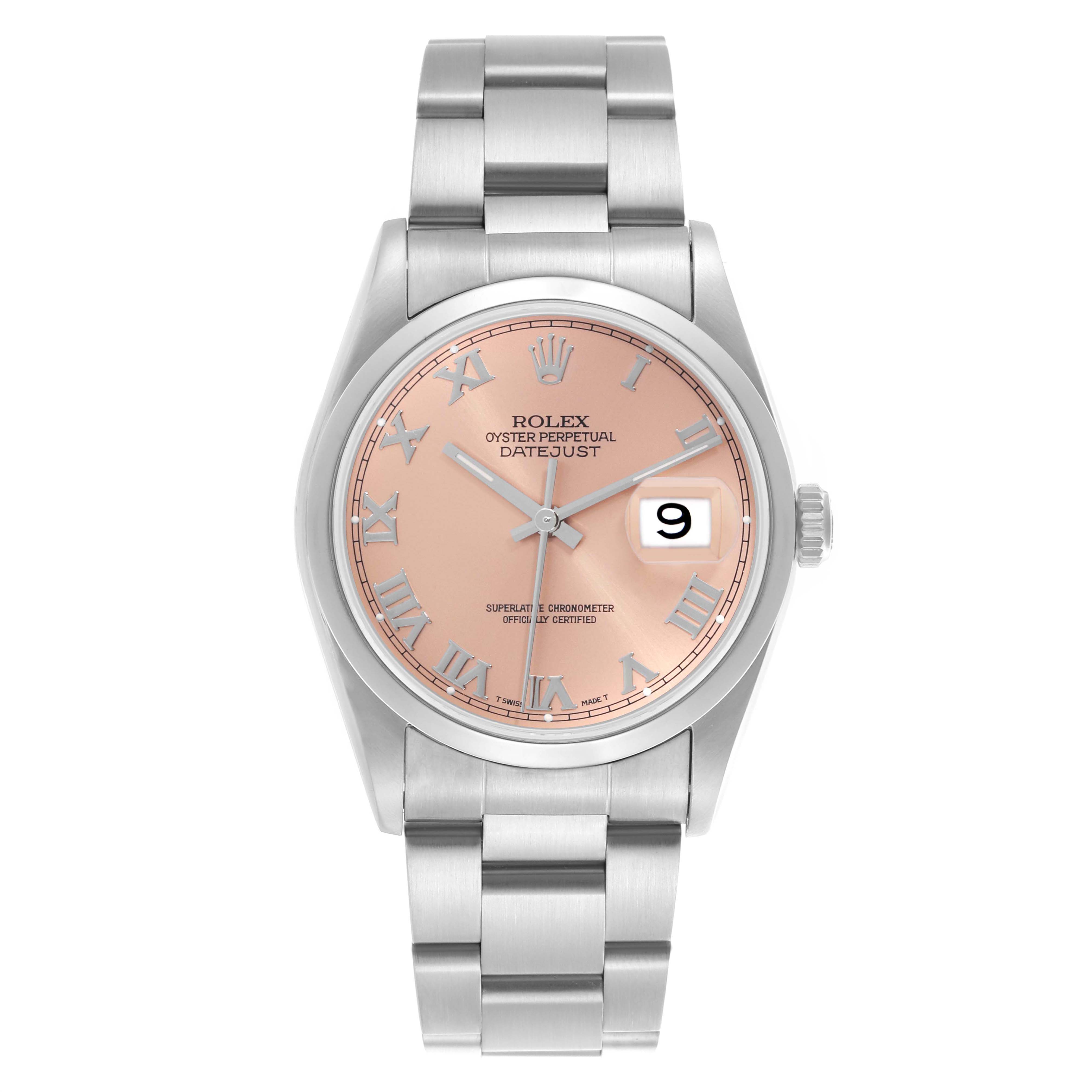 The Rolex Datejust 16200 Men's Stainless Steel Pink Dial 16200 Men's Stainless Steel Pink Dial watch is shown from the front, displaying the dial, bracelet, and date window.