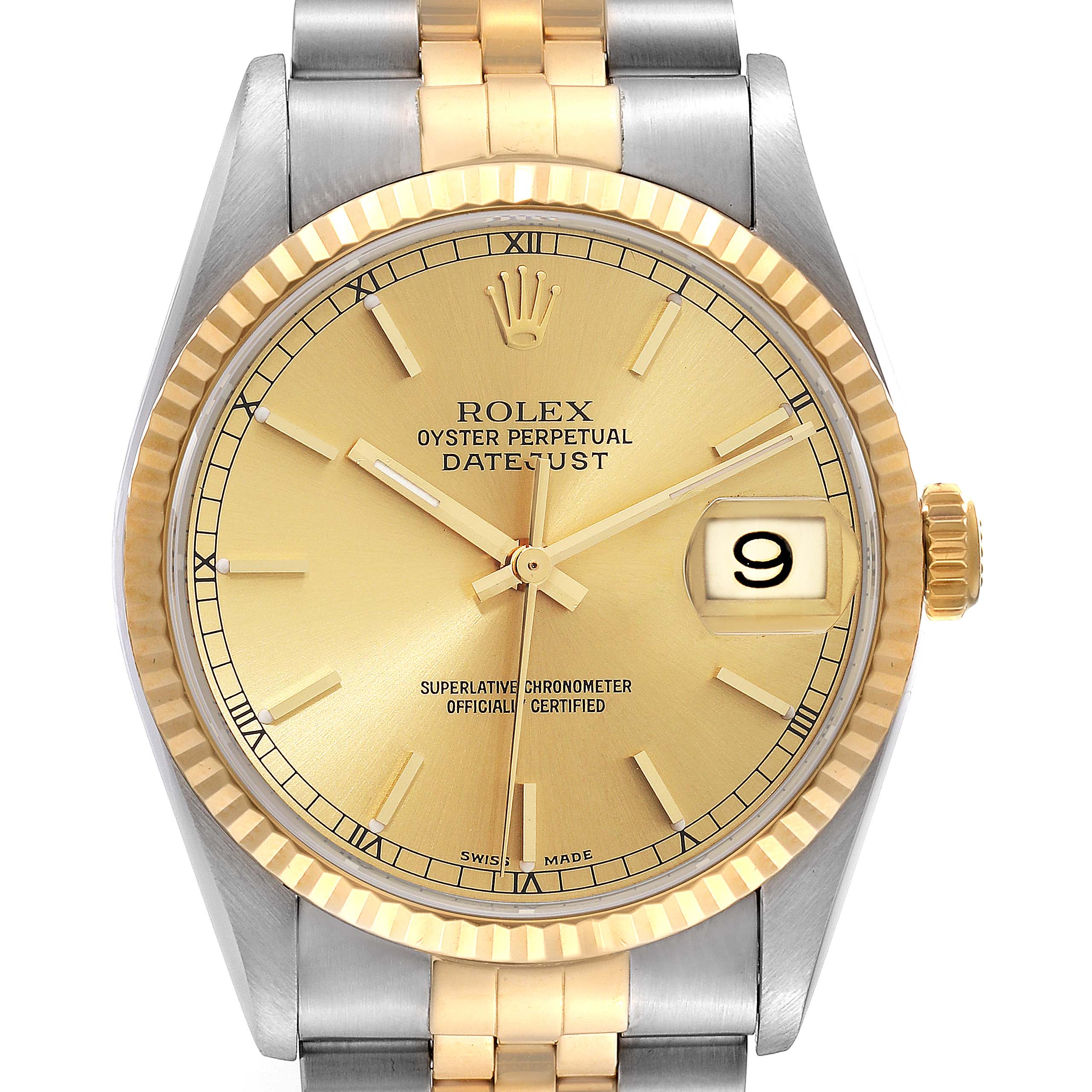 The image shows a front view of a Rolex Datejust 16233 Men's Steel and Gold (two tone) Champagne Dial 16233 Men's Steel and Gold (two tone) Champagne Dial watch, highlighting its gold dial, fluted bezel, and two-tone bracelet.