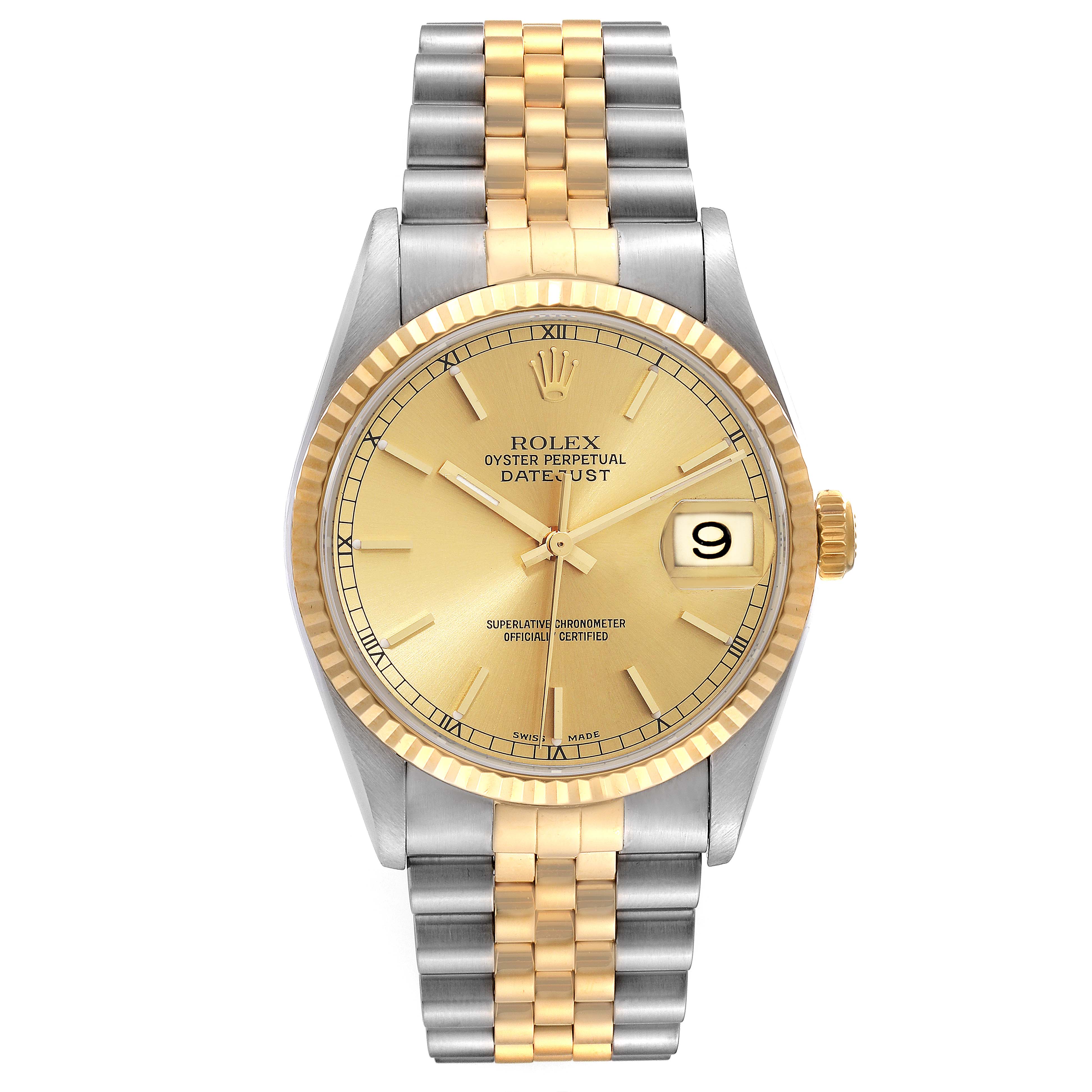 The image shows a frontal view of a Rolex Datejust 16233 Men's Steel and Gold (two tone) Champagne Dial 16233 Men's Steel and Gold (two tone) Champagne Dial watch, highlighting its gold dial, two-tone bracelet, and fluted bezel.