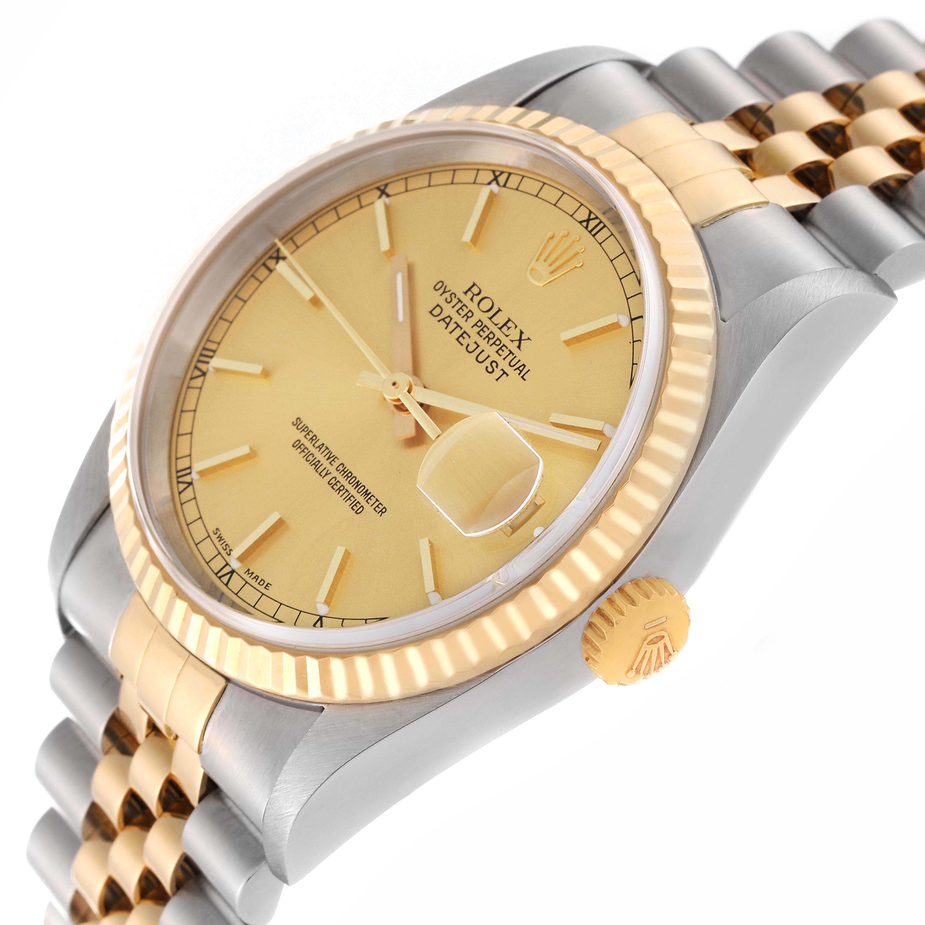 The image shows a Rolex Datejust 16233 Men's Steel and Gold (two tone) Champagne Dial 16233 Men's Steel and Gold (two tone) Champagne Dial watch at a slight angle, highlighting the dial, crown, fluted bezel, and Jubilee bracelet.