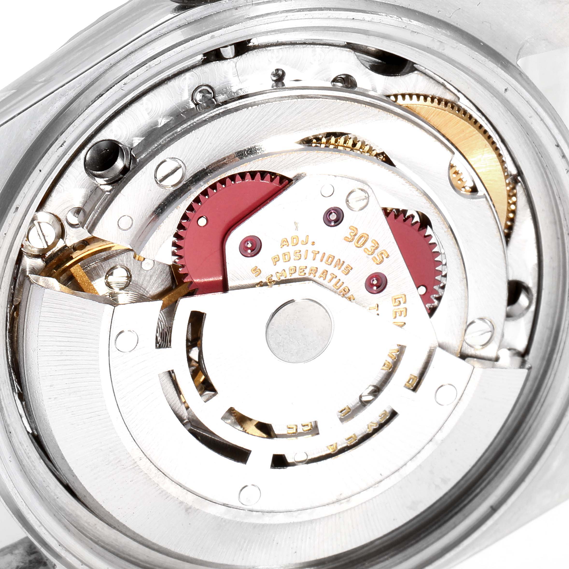 This image shows the internal mechanism of the Rolex Vintage Collection 16030 Men's Stainless Steel Brown Dial 16030 Men's Stainless Steel Brown Dial watch from a close-up, angle, highlighting its components.