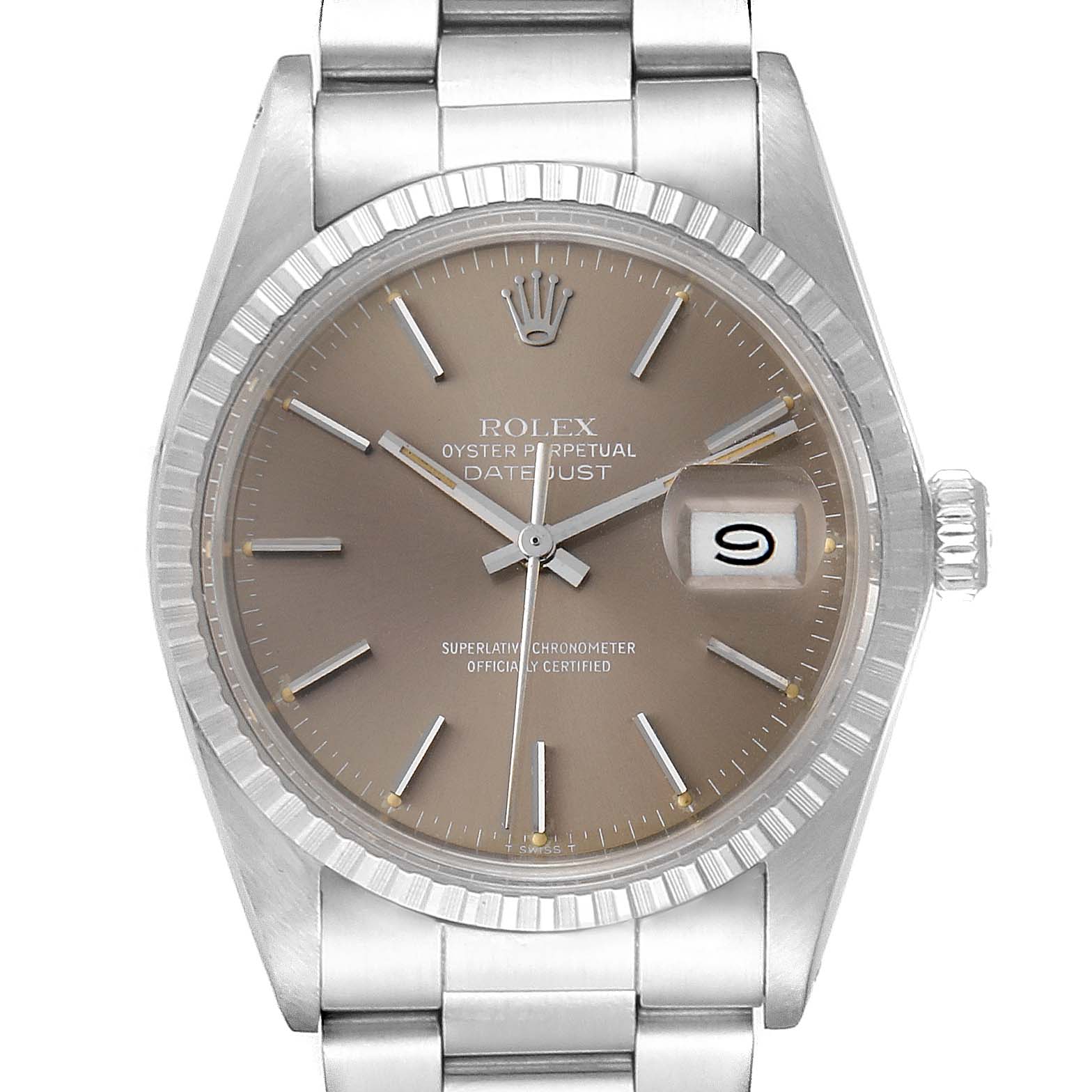 The image shows a front view of the Rolex Vintage Collection 16030 Men's Stainless Steel Brown Dial 16030 Men's Stainless Steel Brown Dial Datejust watch, displaying the face, hour markers, hands, date window, and crown.