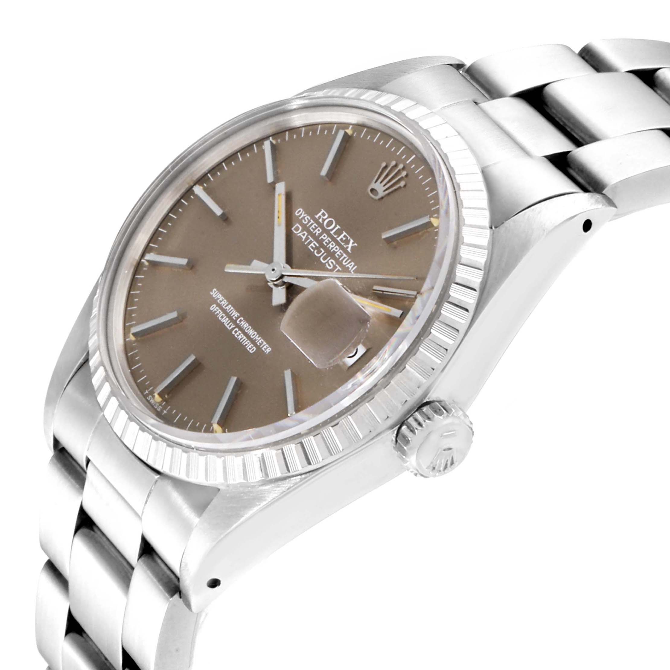 The image shows a close-up angled view of a Rolex Vintage Collection 16030 Men's Stainless Steel Brown Dial 16030 Men's Stainless Steel Brown Dial Oyster Perpetual Datejust watch, featuring its face, bezel, and bracelet.