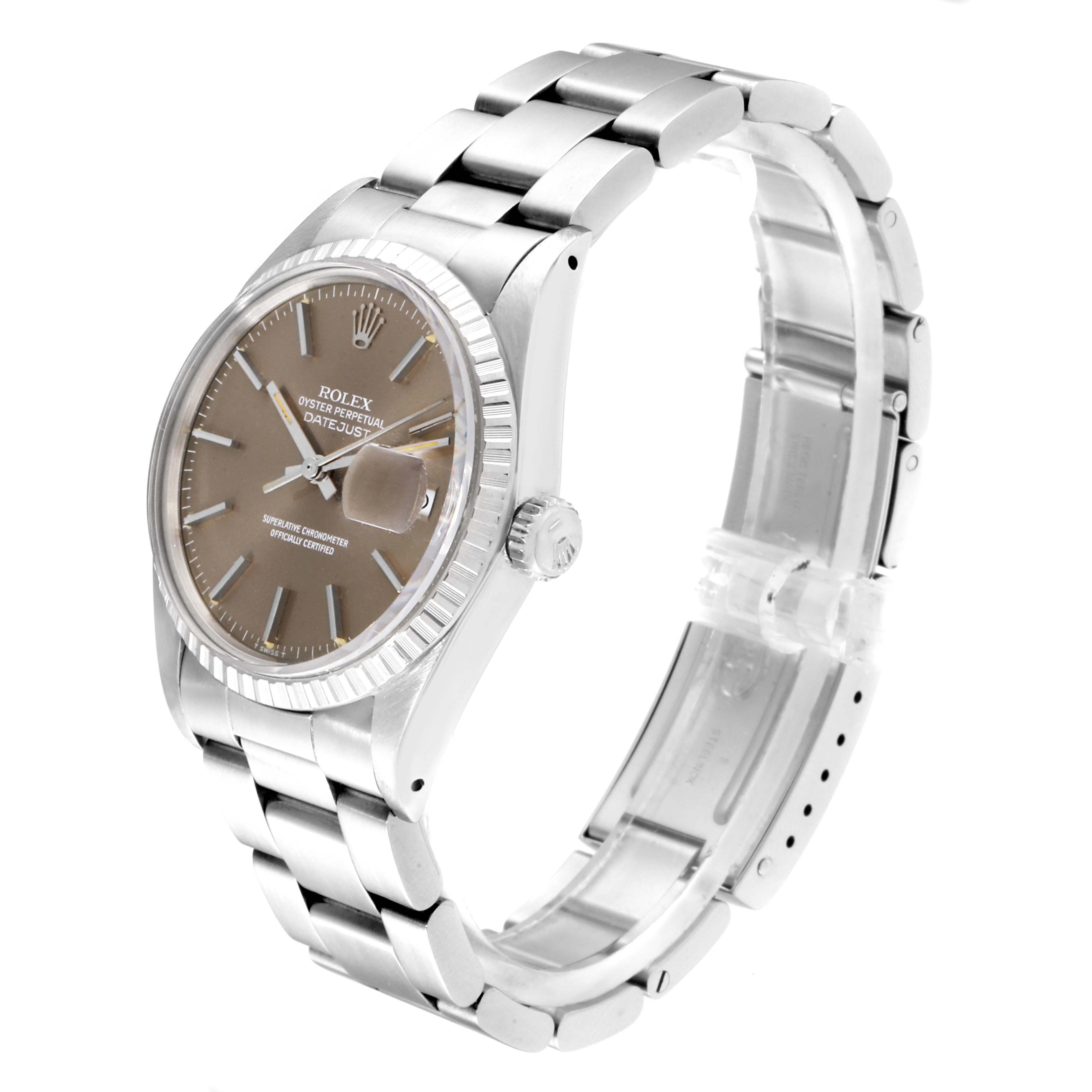 The image shows a Rolex Vintage Collection 16030 Men's Stainless Steel Brown Dial 16030 Men's Stainless Steel Brown Dial Oyster Perpetual Datejust watch, highlighting its face, bracelet, and clasp from an angled side view.