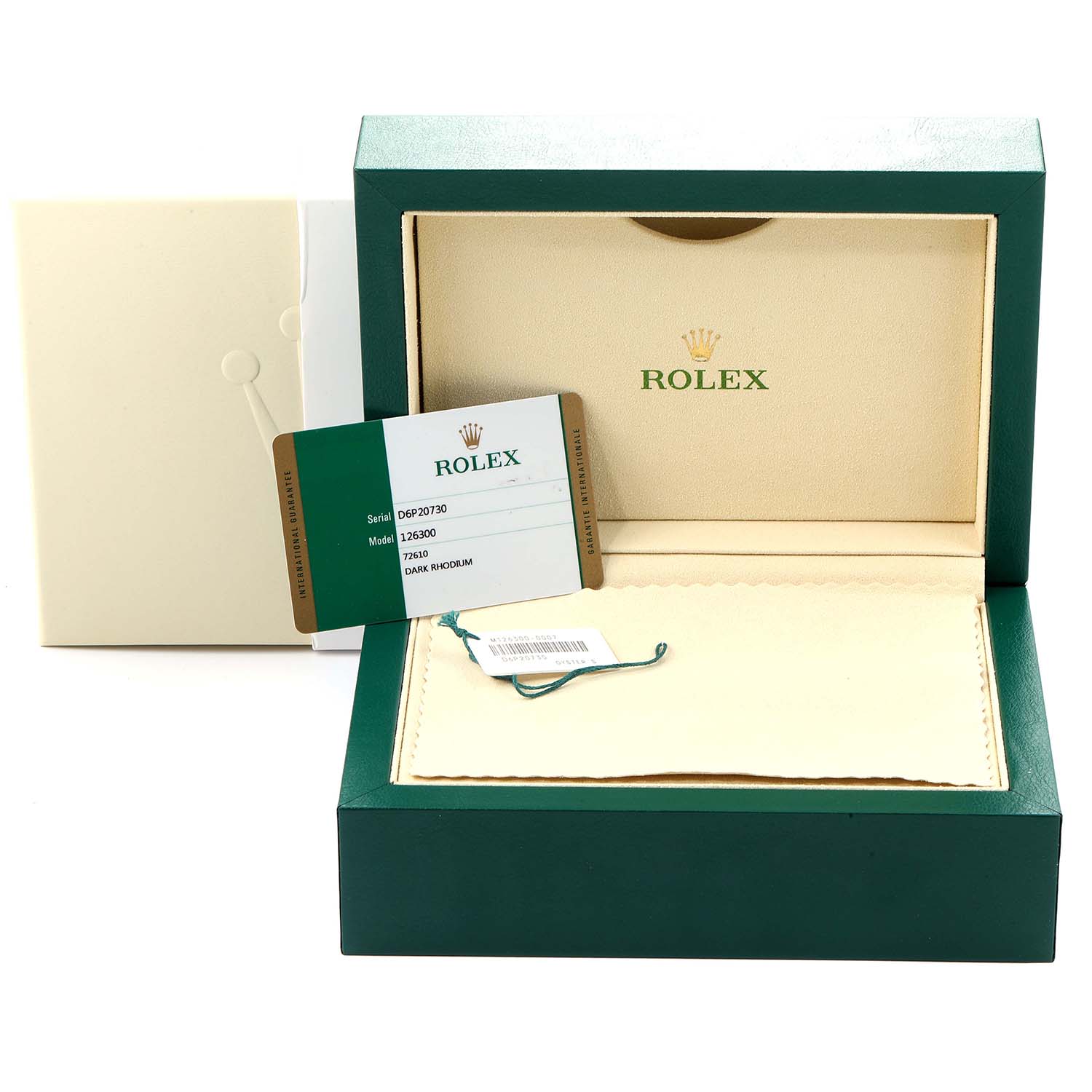 This image shows the open box and warranty card of a Rolex Datejust 41 126300 Men
s Stainless Steel Grey Dial 126300 Men
s Stainless Steel Grey Dial model, with its accessories and packaging.