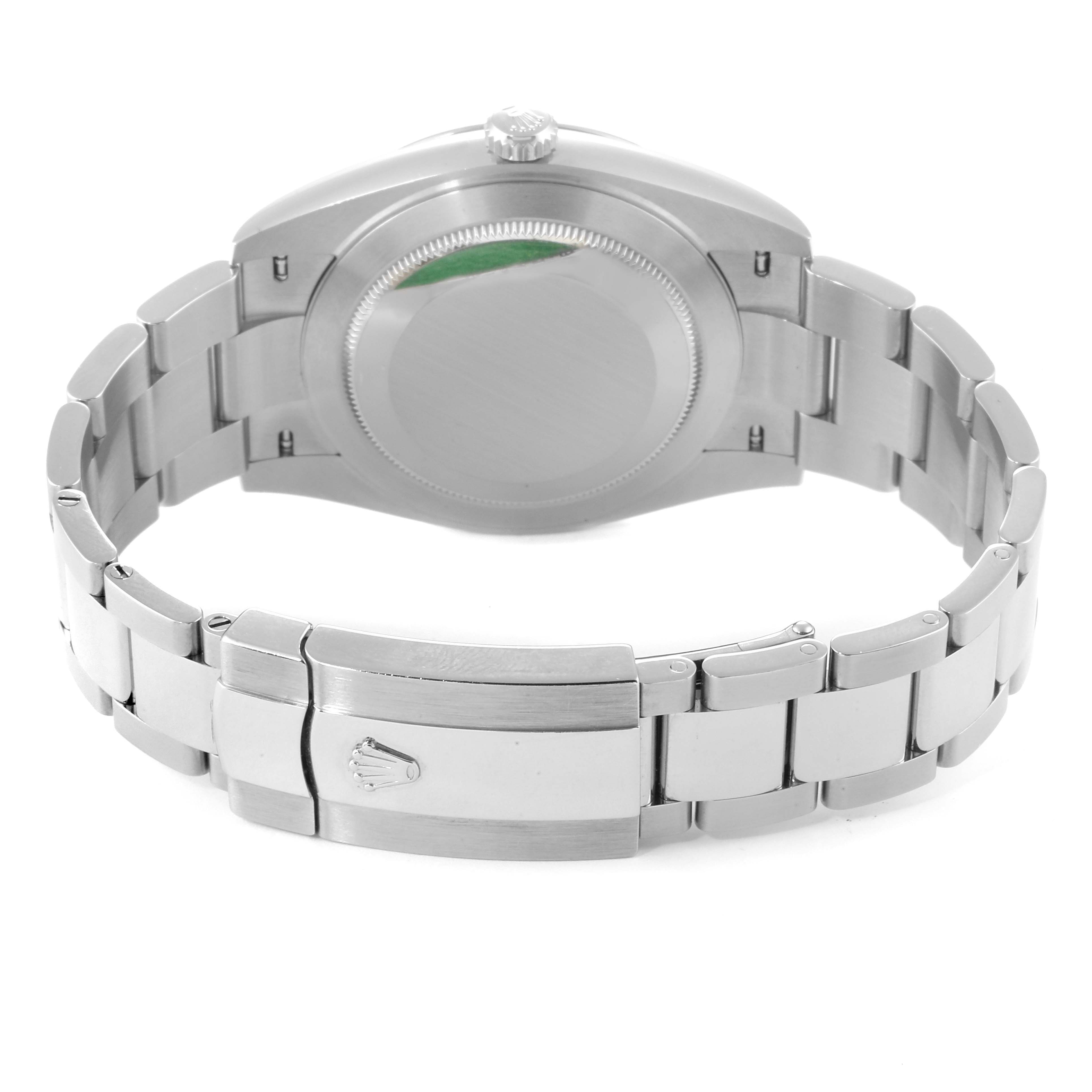 The image shows the back view of the Rolex Datejust 41 126300 Men
s Stainless Steel Grey Dial 126300 Men
s Stainless Steel Grey Dial watch, focusing on the case back and the bracelet.