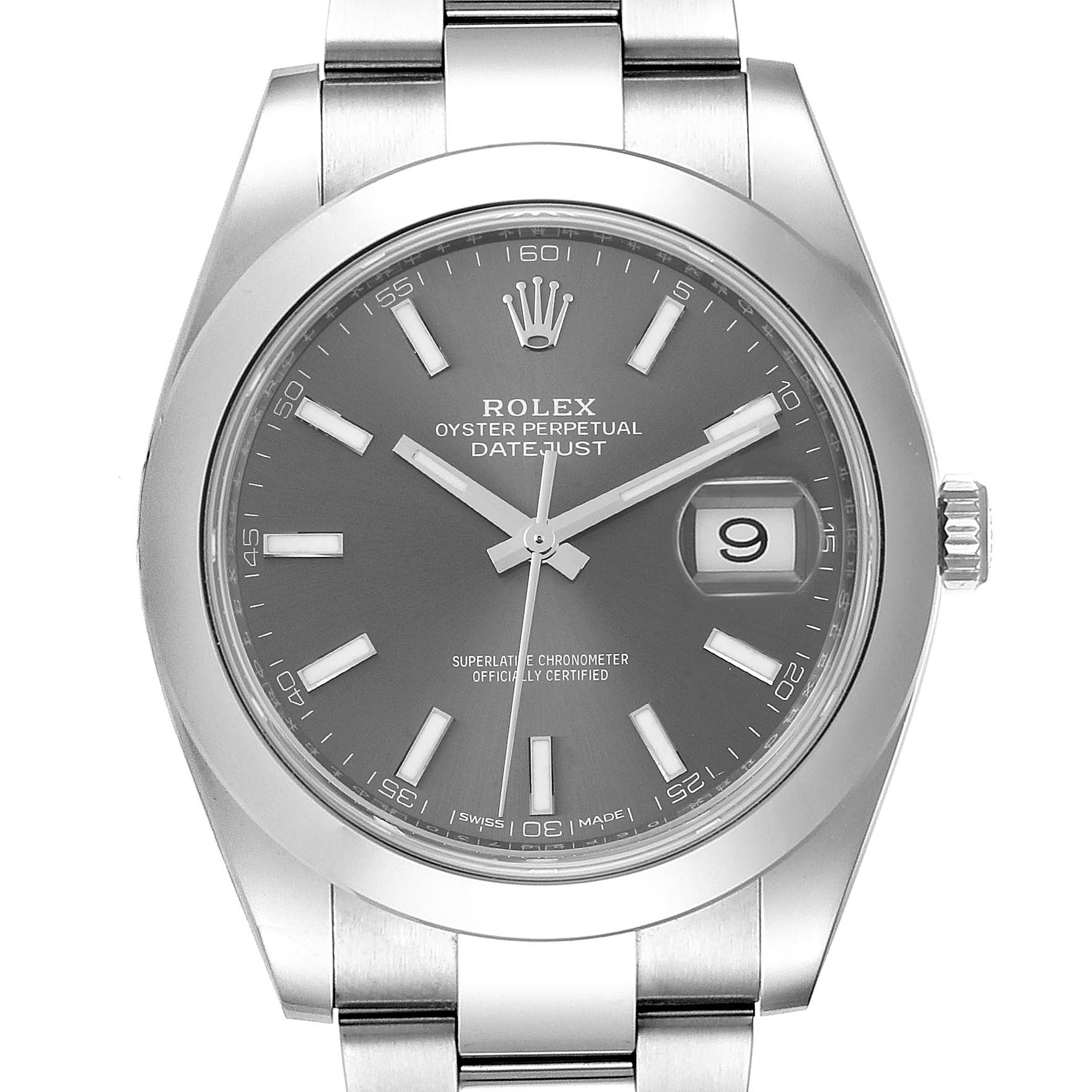 This image shows a front view of the Rolex Datejust 41 126300 Men
s Stainless Steel Grey Dial 126300 Men
s Stainless Steel Grey Dial watch displaying the dial, hands, date window, and part of the bracelet.