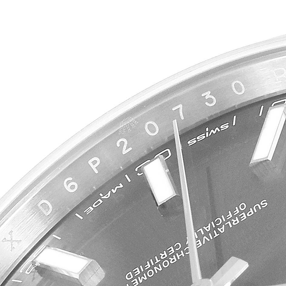 This image shows a close-up view of the dial and minute hand of the Rolex Datejust 41 126300 Men
s Stainless Steel Grey Dial 126300 Men
s Stainless Steel Grey Dial, highlighting the "Swiss Made" text.