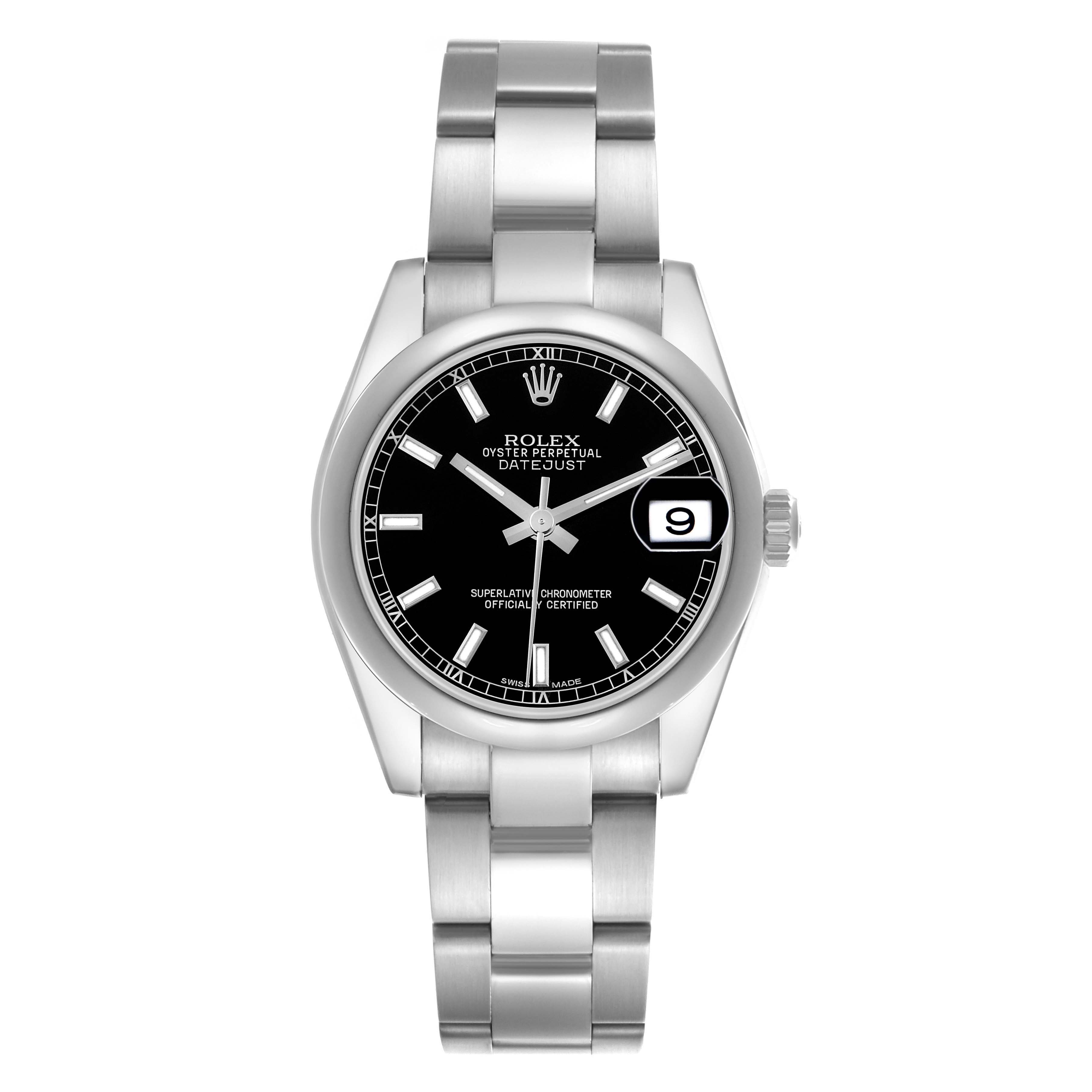 The Rolex Mid-Size 178240 Women's Stainless Steel Black Dial 178240 Women's Stainless Steel Black Dial watch is shown from a top-down angle, displaying the dial, bezel, bracelet, and crown.