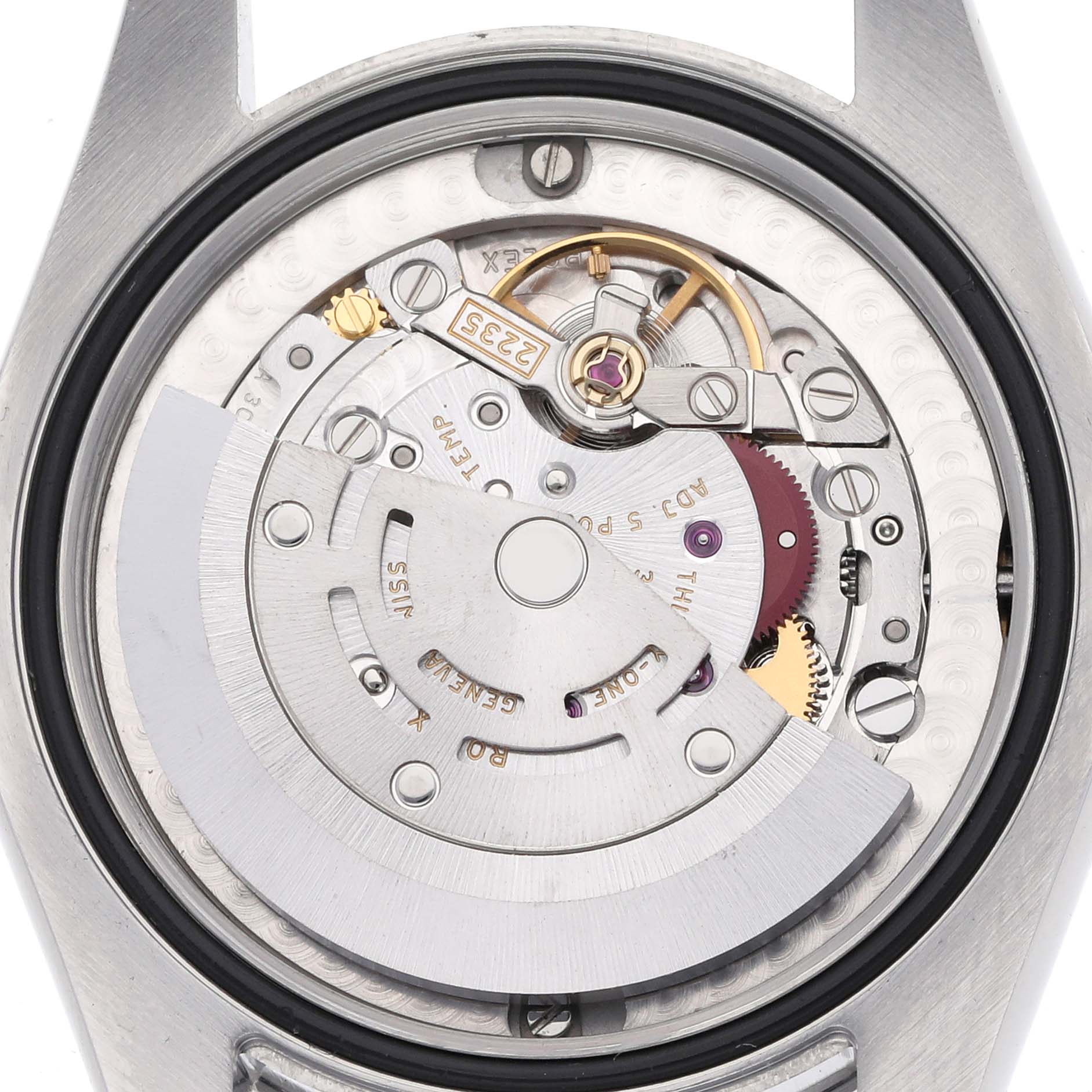 This image shows the movement and rotor of a Rolex Mid-Size 178240 Women's Stainless Steel Black Dial 178240 Women's Stainless Steel Black Dial model from a rear angle with the case back removed.