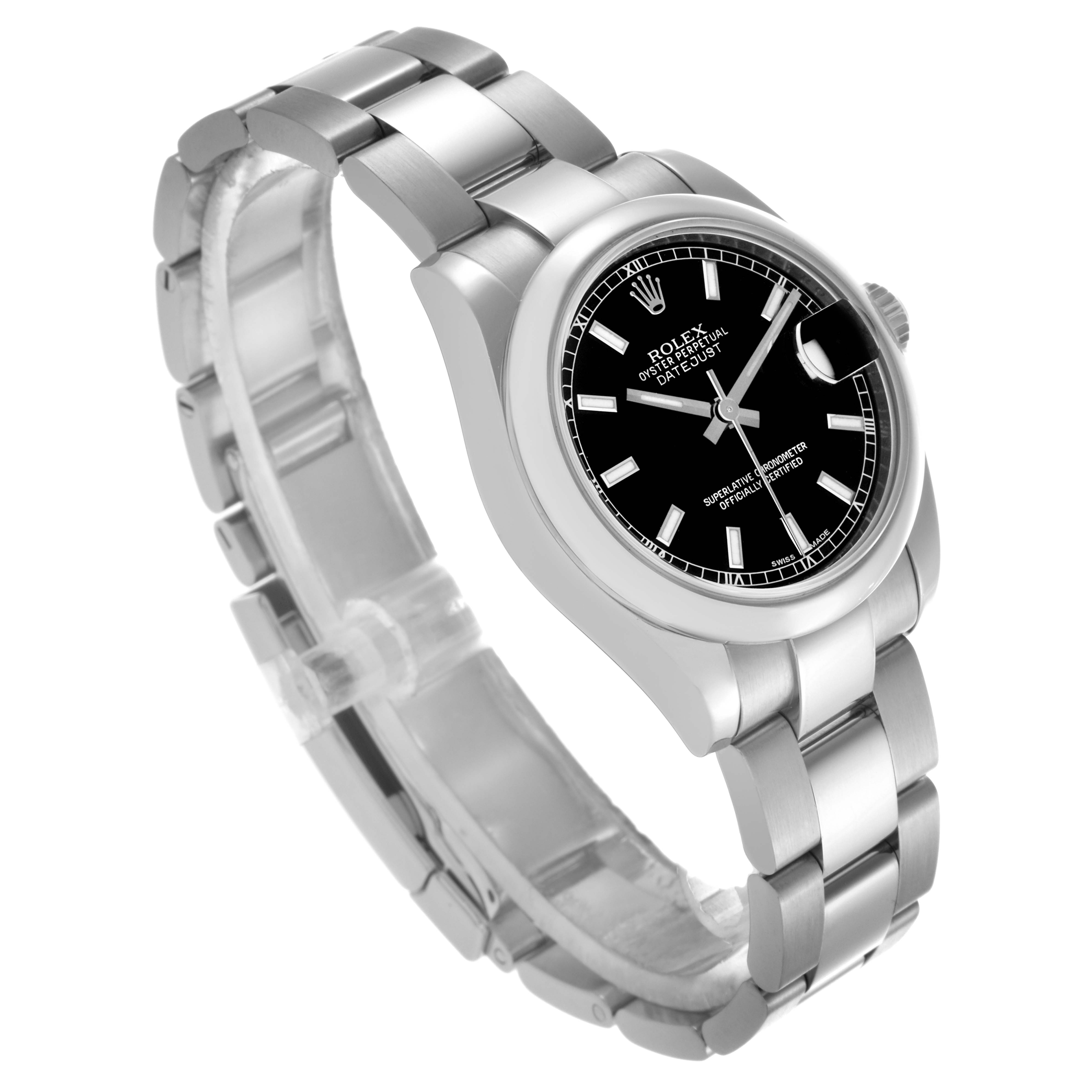 The Rolex Mid-Size 178240 Women's Stainless Steel Black Dial 178240 Women's Stainless Steel Black Dial watch is shown at a three-quarter angle, displaying the black dial, bezel, and part of the bracelet.