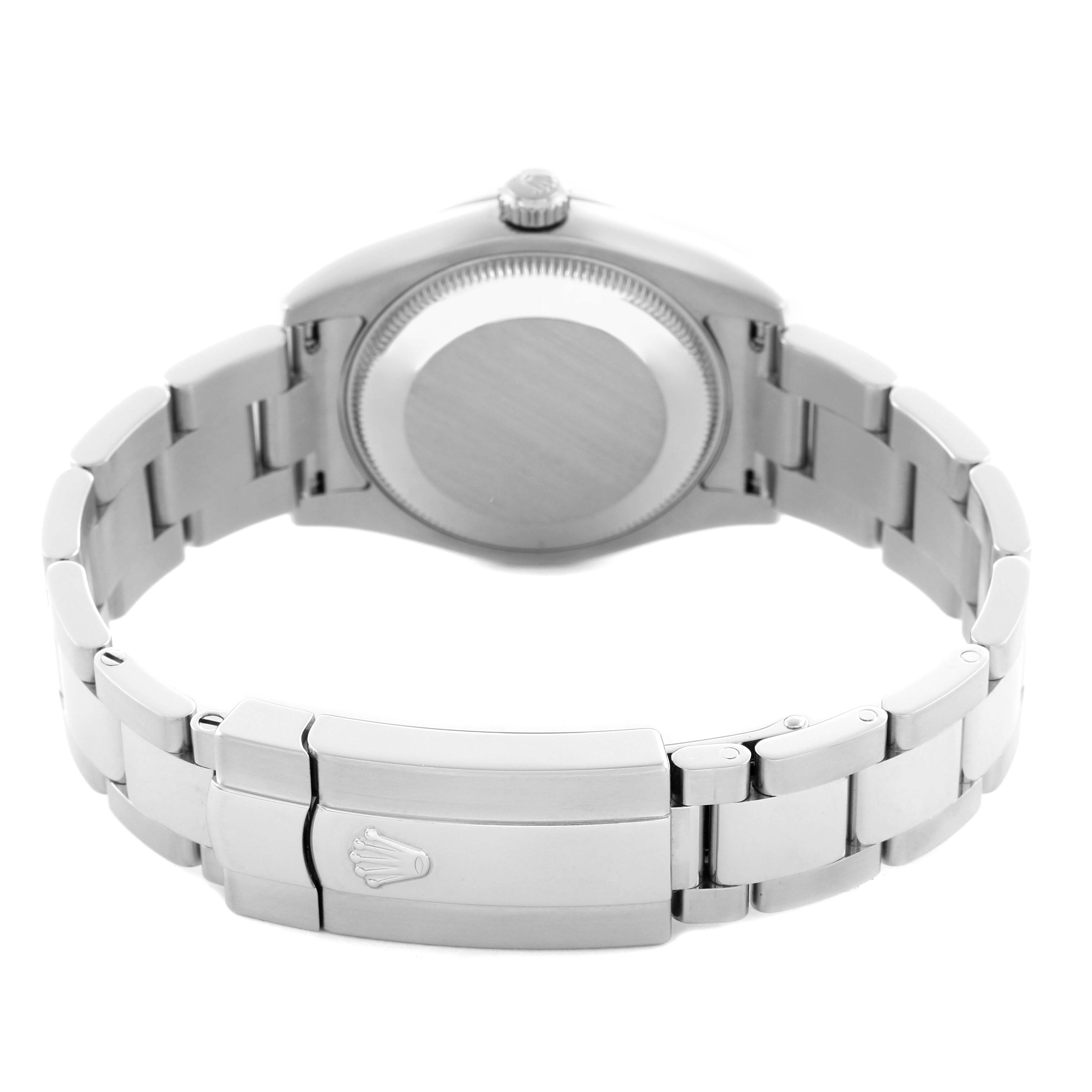 The Rolex Mid-Size 178240 Women's Stainless Steel Black Dial 178240 Women's Stainless Steel Black Dial watch is shown from the back, highlighting the case back, crown, and bracelet with a clasp.