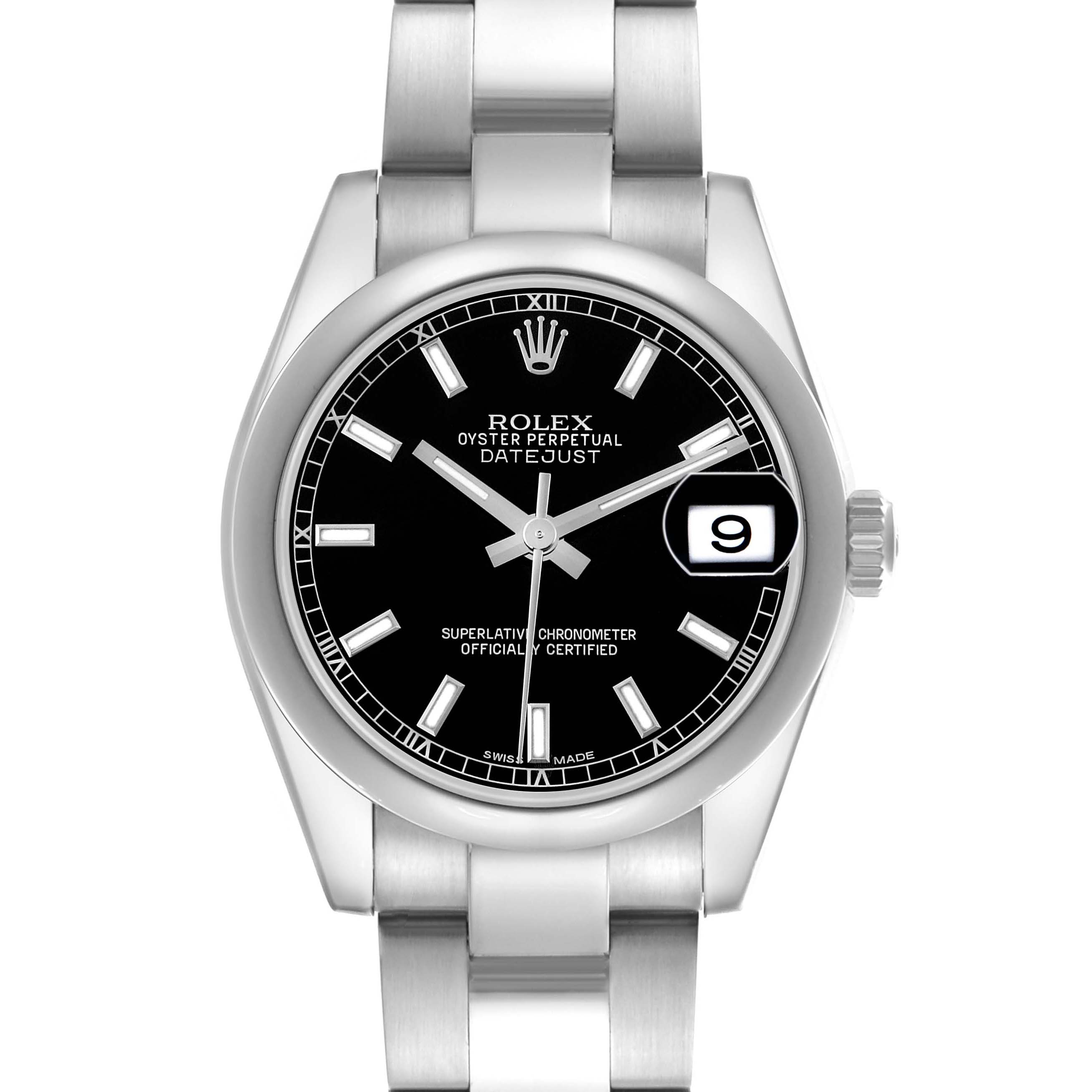 The Rolex Mid-Size 178240 Women's Stainless Steel Black Dial 178240 Women's Stainless Steel Black Dial Datejust is shown from the front, highlighting the black dial, silver markers, date window, and metal bracelet.