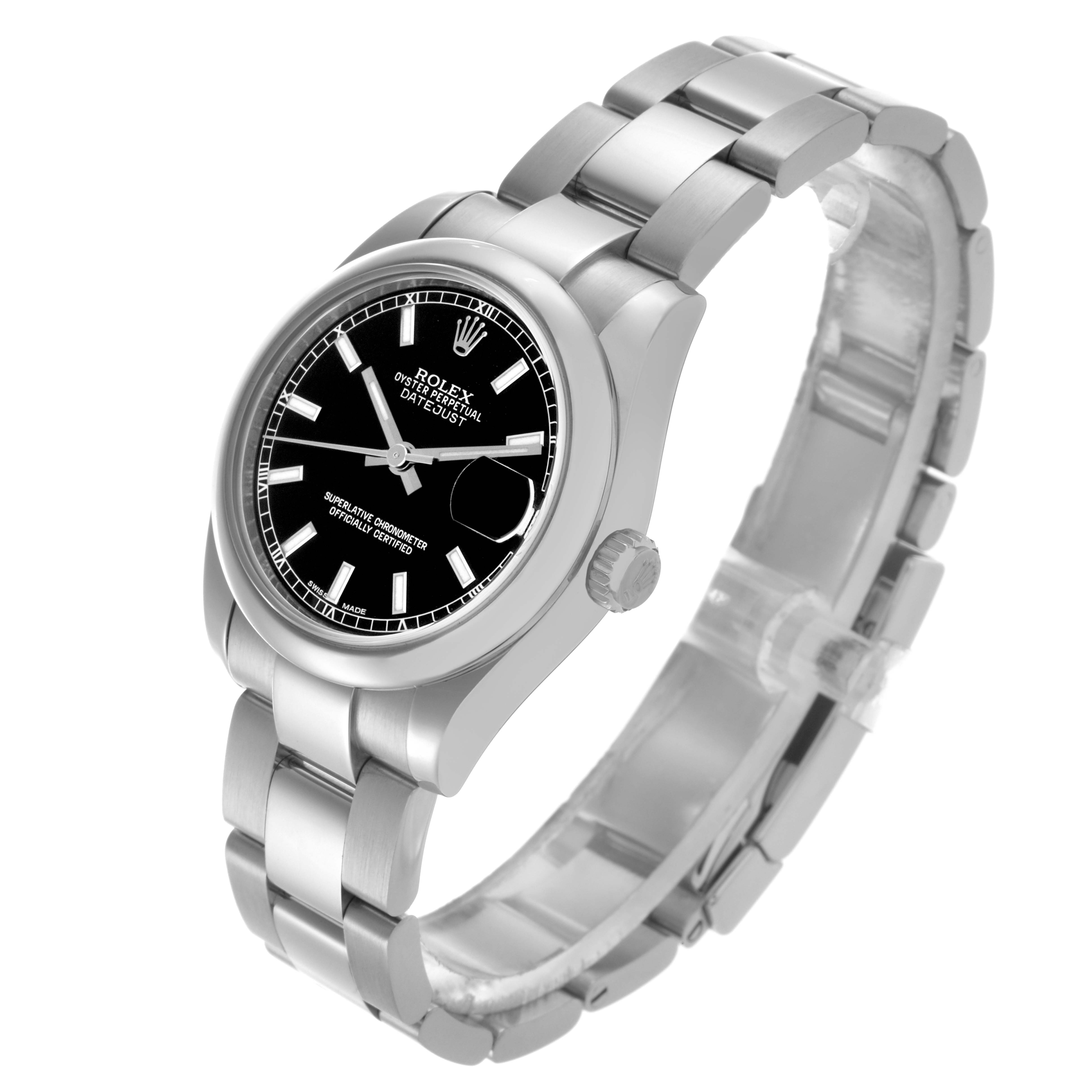 The Rolex Mid-Size 178240 Women's Stainless Steel Black Dial 178240 Women's Stainless Steel Black Dial model is shown at a slight angle, revealing its black dial, bezel, crown, and metal bracelet.