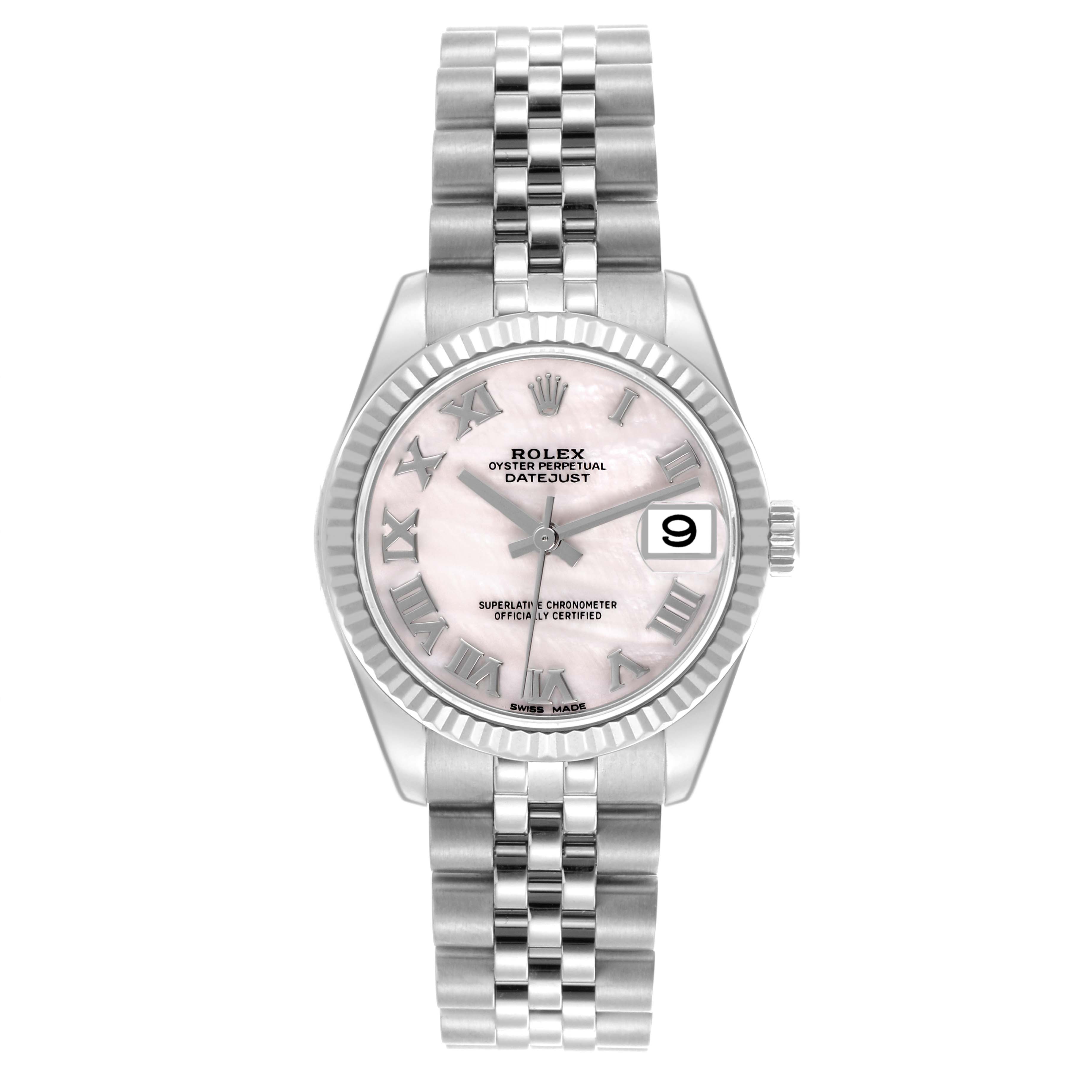 The Rolex Mid-Size 178274 Women's Stainless Steel Mother of Pearl Dial 178274 Women's Stainless Steel Mother of Pearl Dial Oyster Perpetual Datejust is shown from the front, highlighting the dial, bezel, bracelet, and date window.