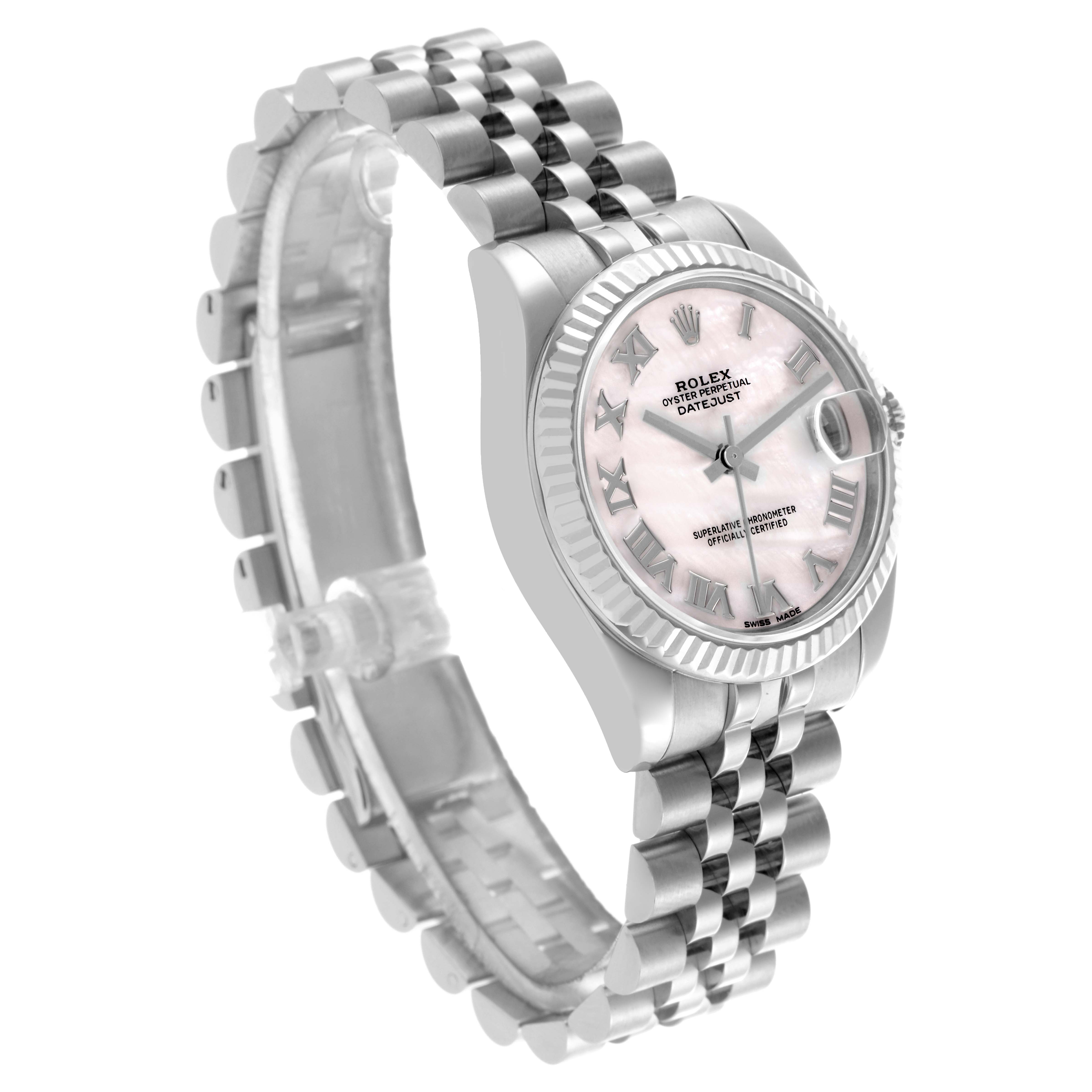 The image shows a Rolex Mid-Size 178274 Women's Stainless Steel Mother of Pearl Dial 178274 Women's Stainless Steel Mother of Pearl Dial watch from a front diagonal angle, displaying the face, bezel, and bracelet.