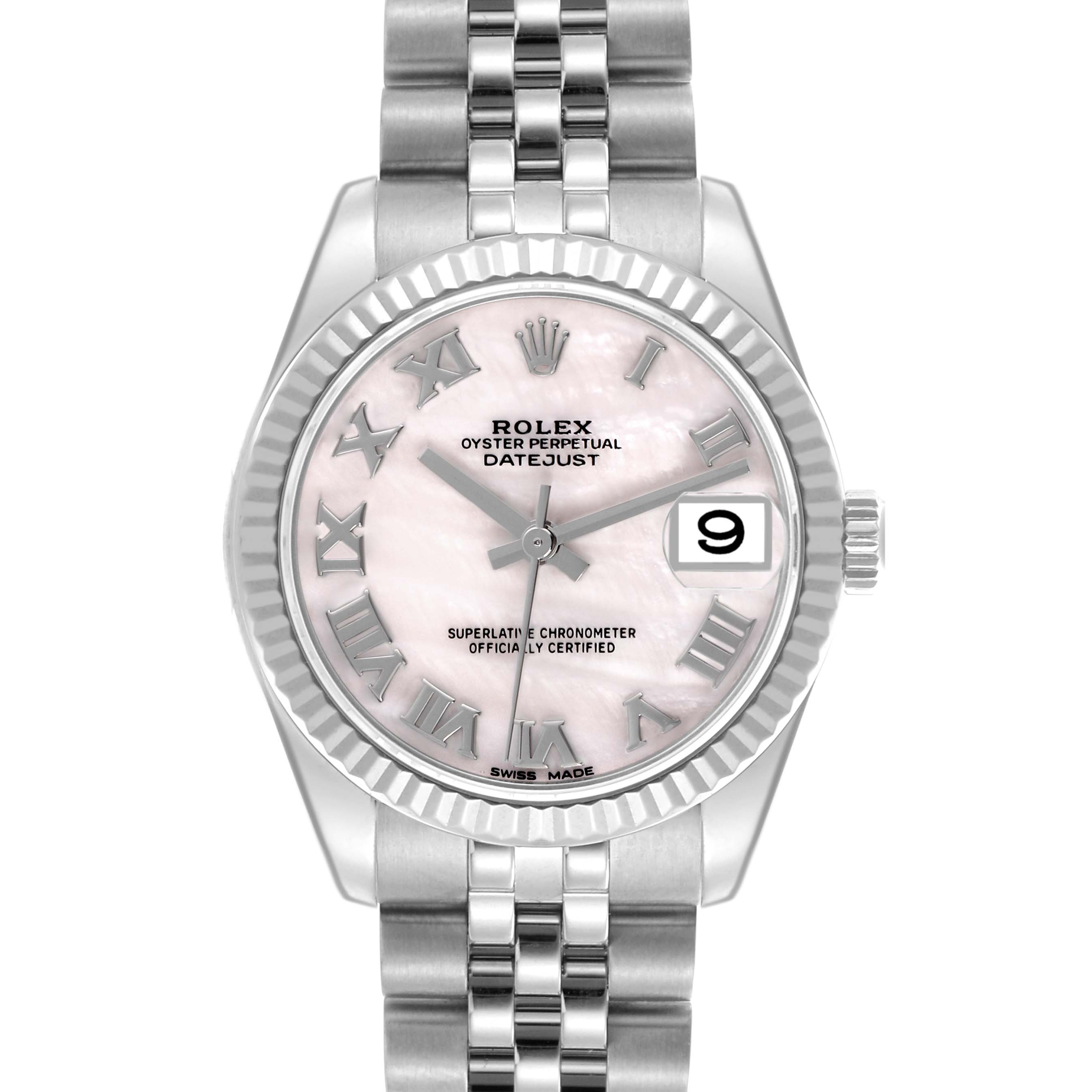 This image shows a front view of the Rolex Mid-Size 178274 Women's Stainless Steel Mother of Pearl Dial 178274 Women's Stainless Steel Mother of Pearl Dial Datejust watch, displaying its dial, bezel, and bracelet.