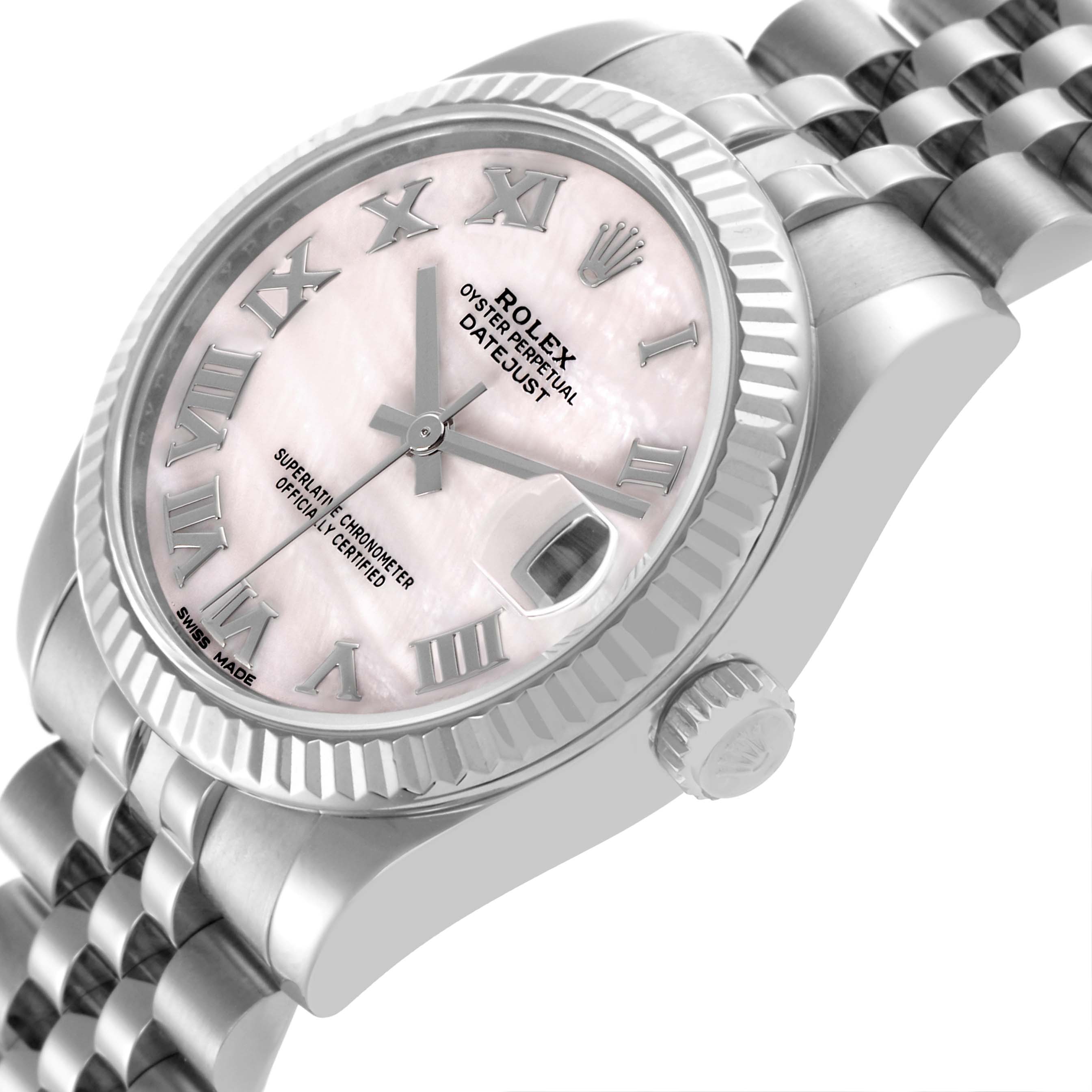 The Rolex Mid-Size 178274 Women's Stainless Steel Mother of Pearl Dial 178274 Women's Stainless Steel Mother of Pearl Dial watch is shown at an angled side view, highlighting the dial, fluted bezel, crown, and part of the Jubilee bracelet.