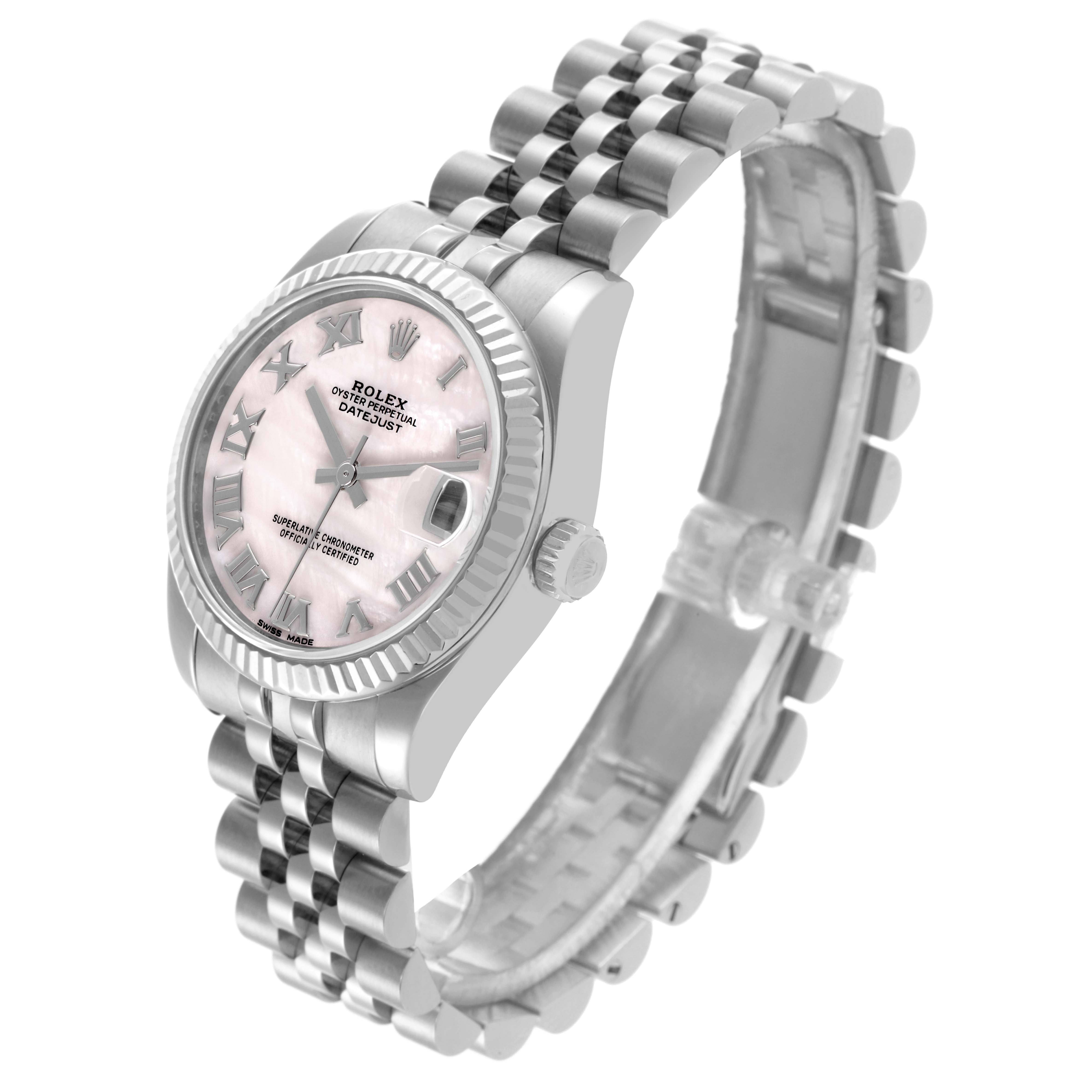 The Rolex Mid-Size 178274 Women's Stainless Steel Mother of Pearl Dial 178274 Women's Stainless Steel Mother of Pearl Dial watch is shown at an angled side view, highlighting the face, bezel, crown, and bracelet.