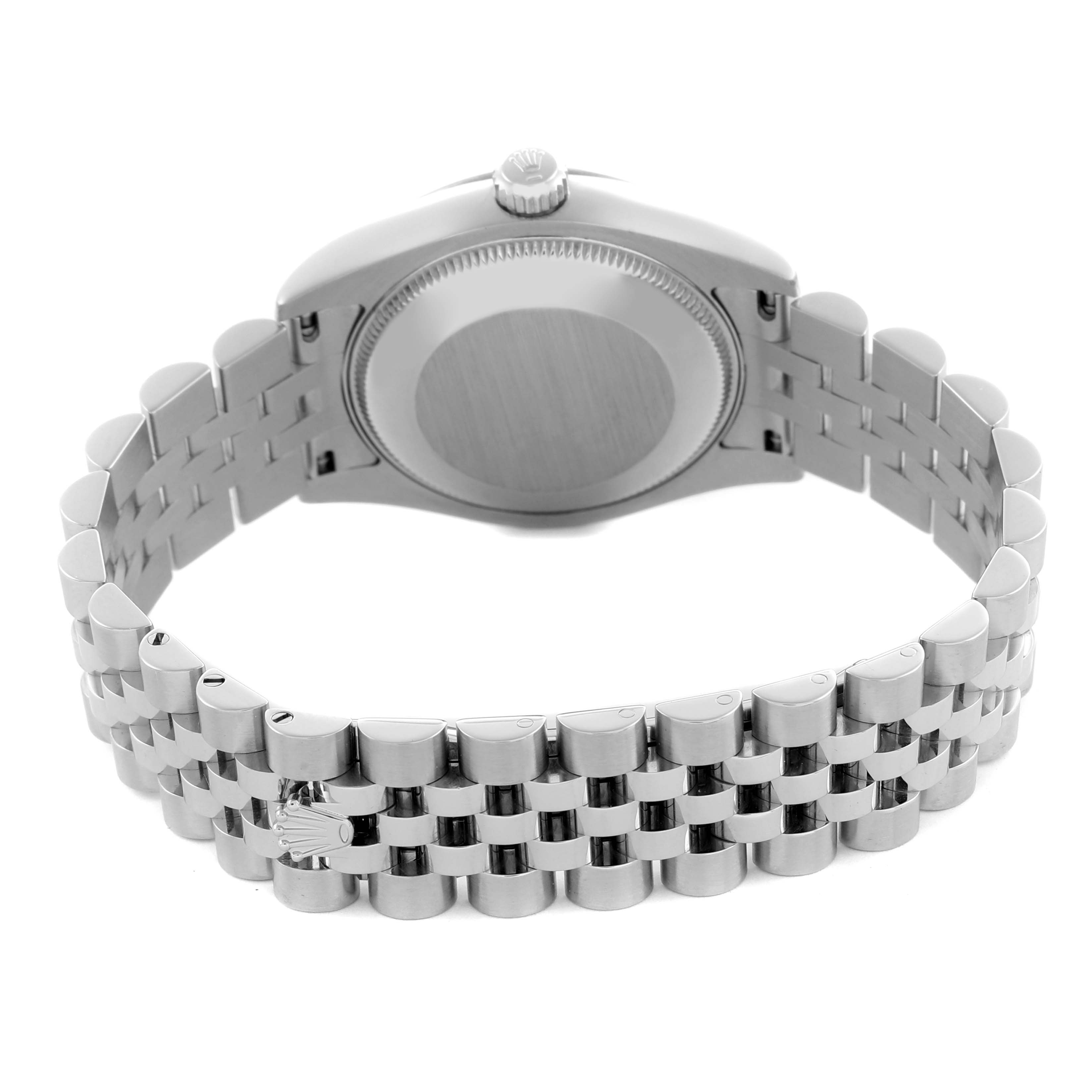 The image shows the back case and bracelet of a Rolex Mid-Size 178274 Women's Stainless Steel Mother of Pearl Dial 178274 Women's Stainless Steel Mother of Pearl Dial watch from a rear angle.