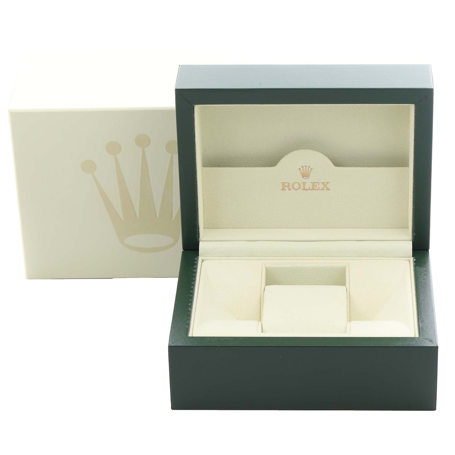 The image shows an open Rolex watch box for a Mid-Size model, displaying the interior cushion and the exterior crown logo.