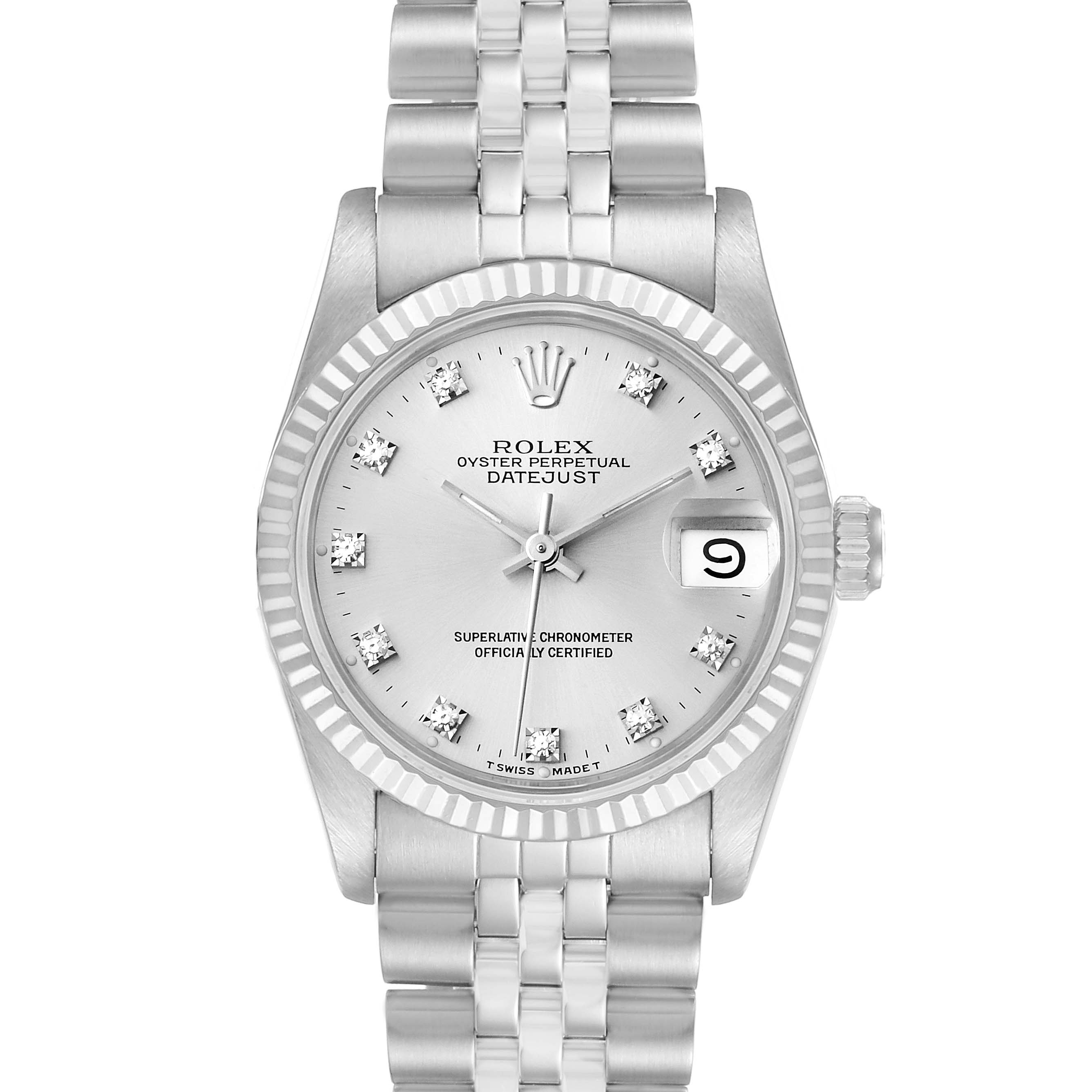 This Rolex Mid-Size 68274 Women
s Stainless Steel Silver Dial 68274 Women
s Stainless Steel Silver Dial Datejust watch is shown from the front, highlighting its silver dial, date window, and Jubilee bracelet.