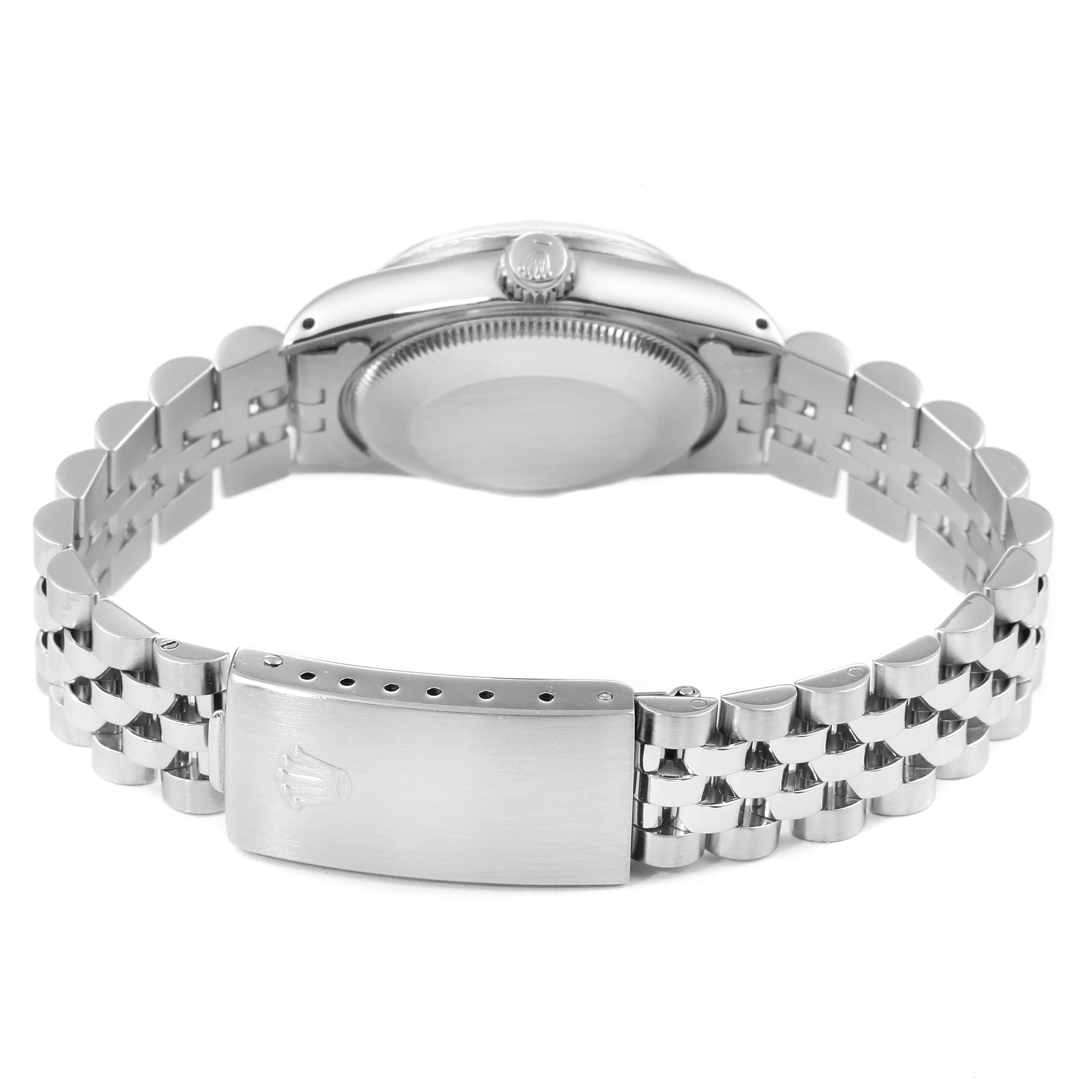 The image shows the backside and bracelet of a Rolex Mid-Size 68274 Women
s Stainless Steel Silver Dial 68274 Women
s Stainless Steel Silver Dial watch, highlighting the clasp and case back.