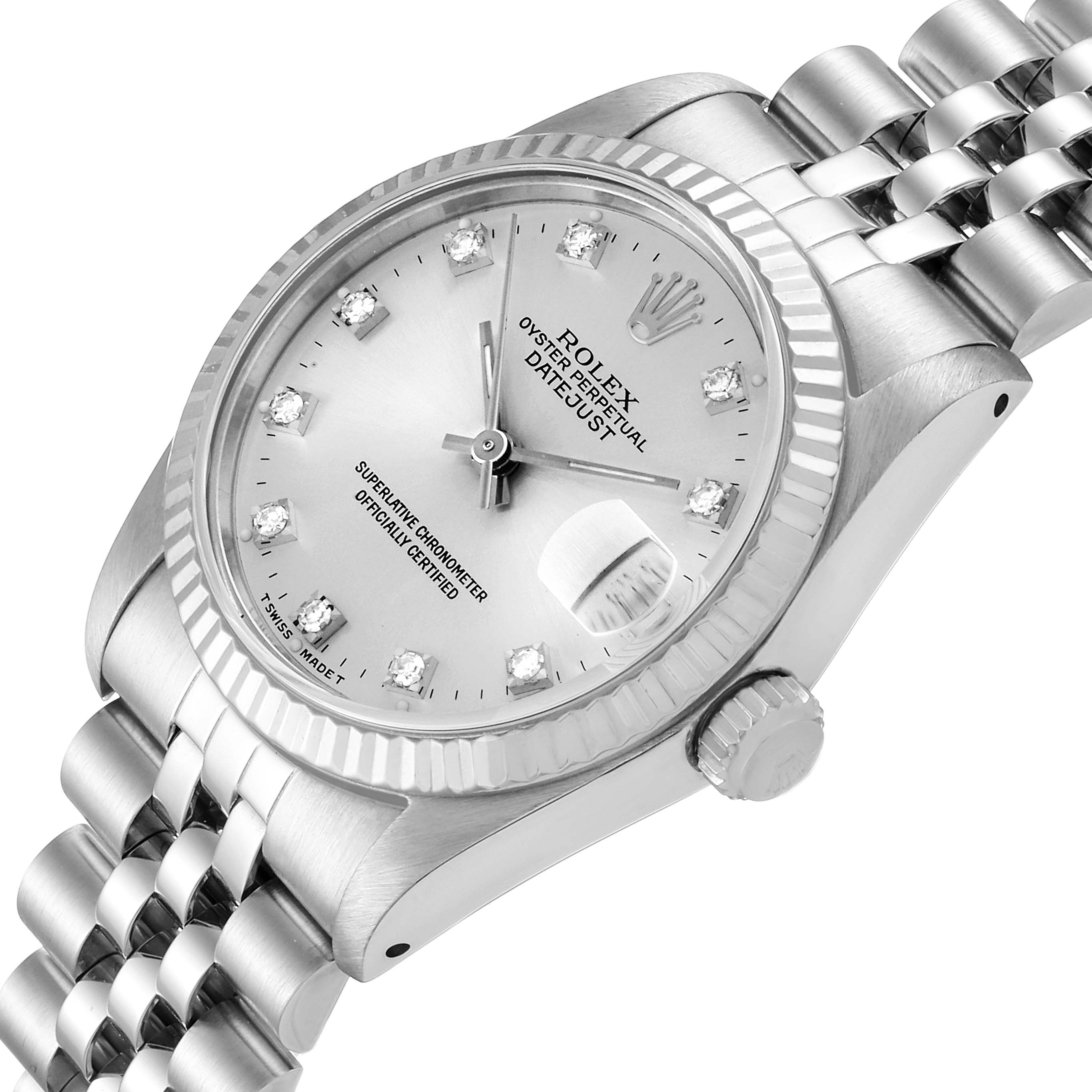 The image shows a close-up angle of a Rolex Mid-Size 68274 Women
s Stainless Steel Silver Dial 68274 Women
s Stainless Steel Silver Dial Oyster Perpetual Datejust, highlighting the dial, bezel, crown, and bracelet.