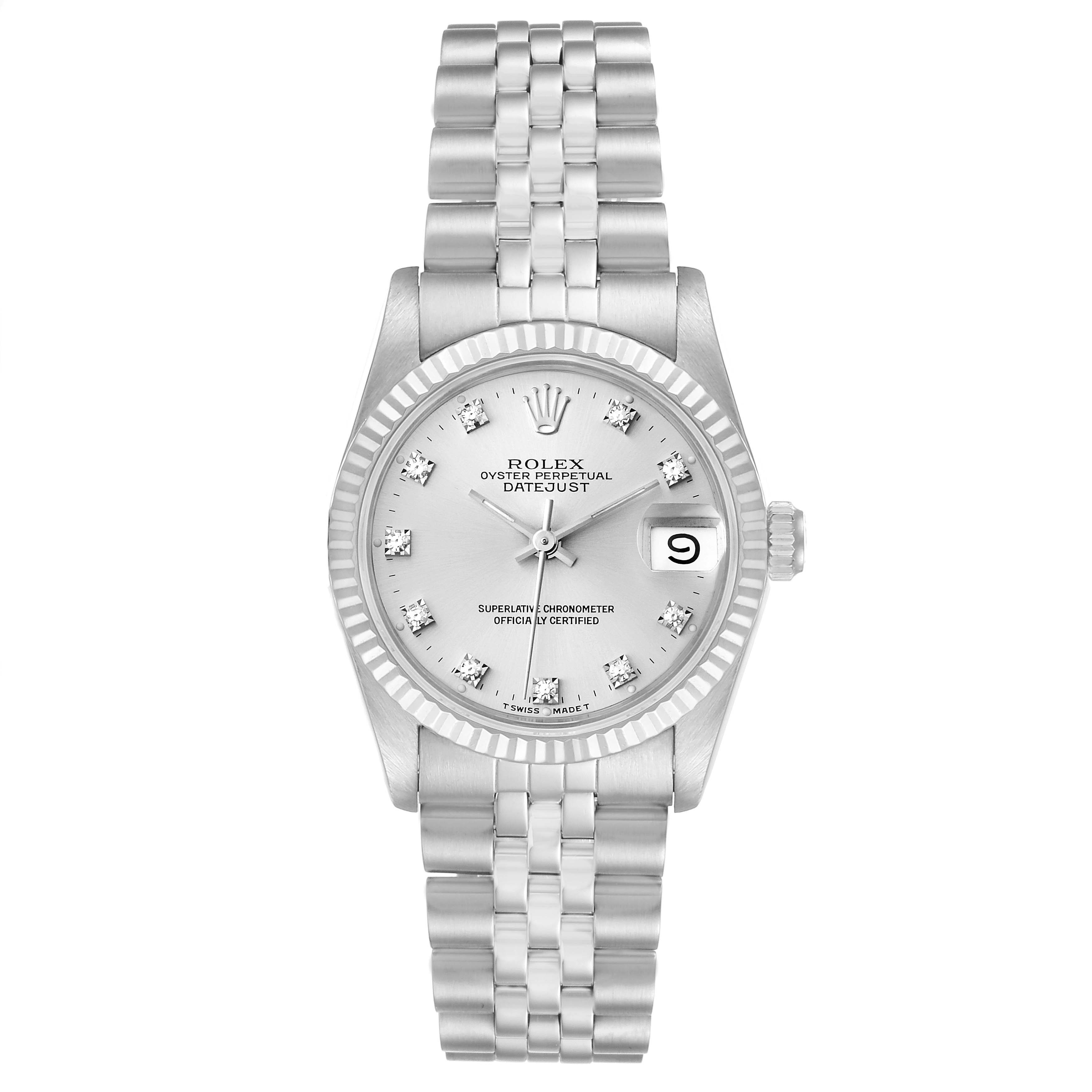 This image shows a front view of the Mid-Size Rolex Oyster Perpetual Datejust, showcasing the dial, bezel, and bracelet.