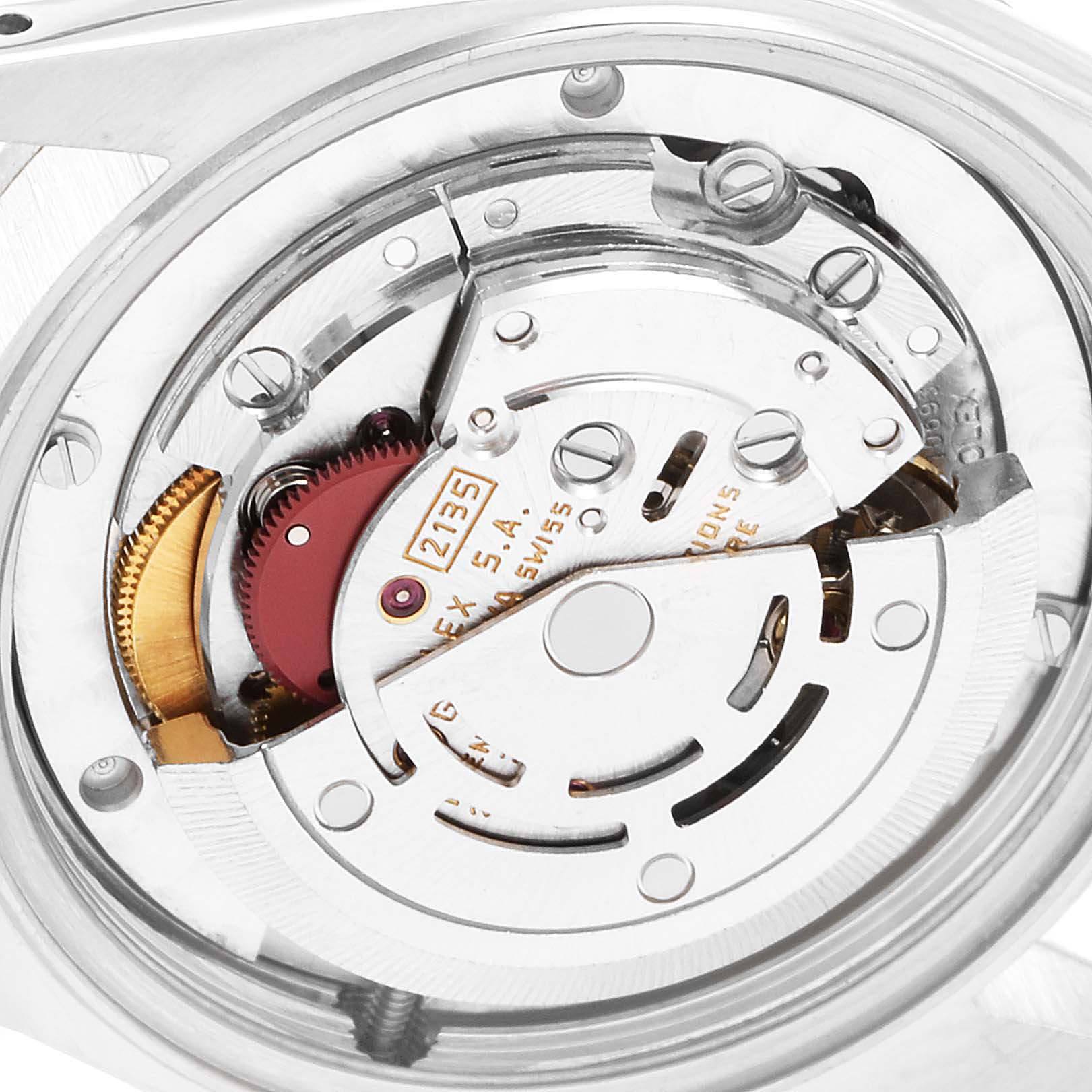 The image shows a close-up view of the inner mechanical movement of a Rolex Mid-Size 68274 Women
s Stainless Steel Silver Dial 68274 Women
s Stainless Steel Silver Dial watch.