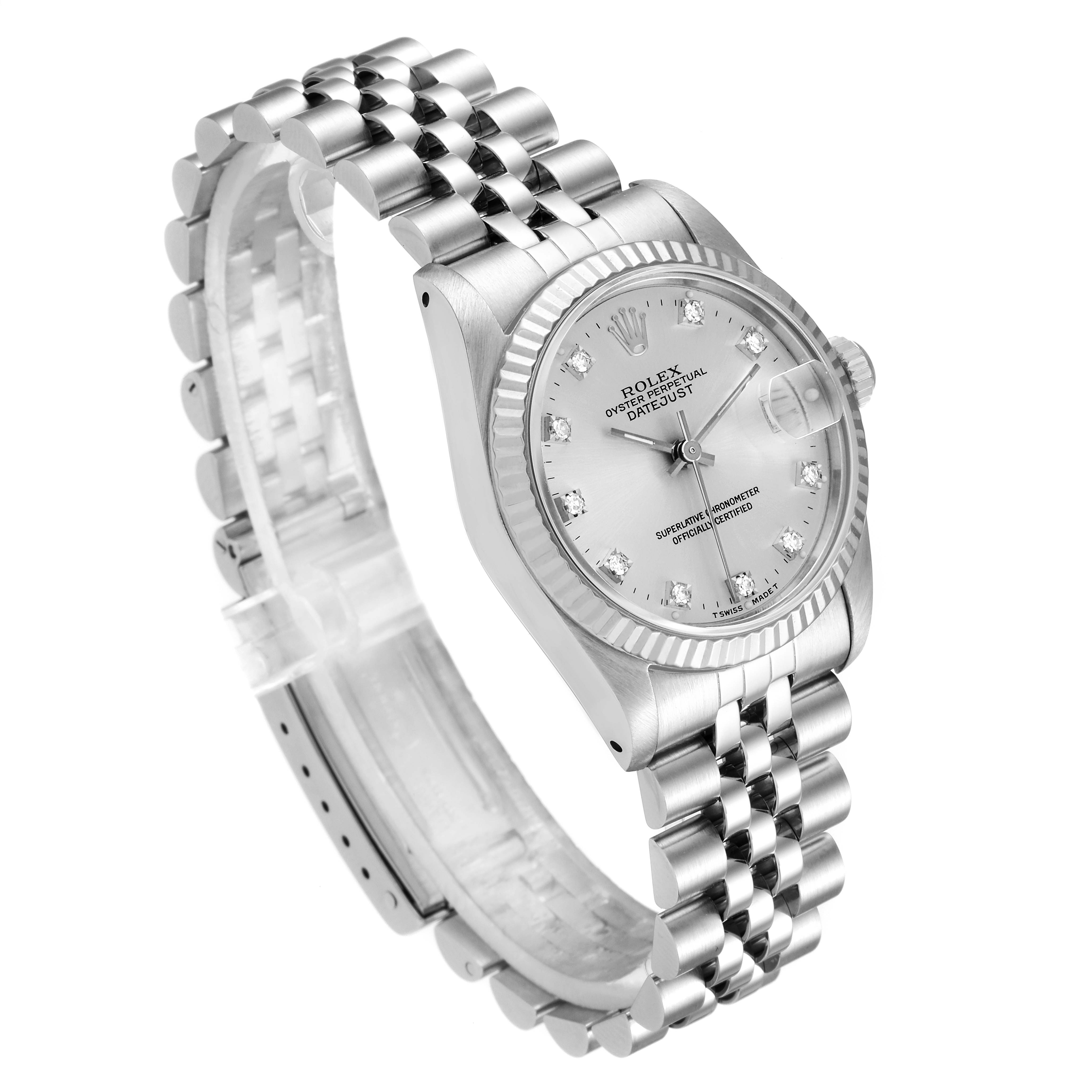 The Rolex Mid-Size 68274 Women
s Stainless Steel Silver Dial 68274 Women
s Stainless Steel Silver Dial Datejust watch is shown at a three-quarter angle, highlighting its case, bezel, dial, and bracelet.