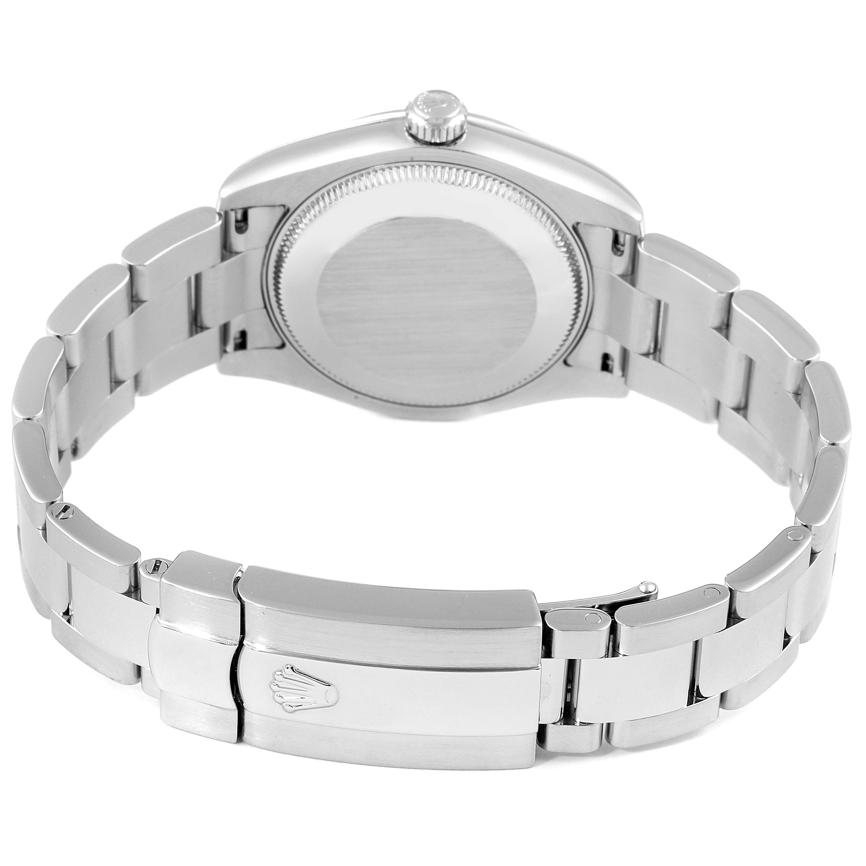 This image shows the back case and bracelet clasp of a Rolex Mid-Size 178274 Women's Stainless Steel Mother of Pearl Dial 178274 Women's Stainless Steel Mother of Pearl Dial watch, viewed from the rear.