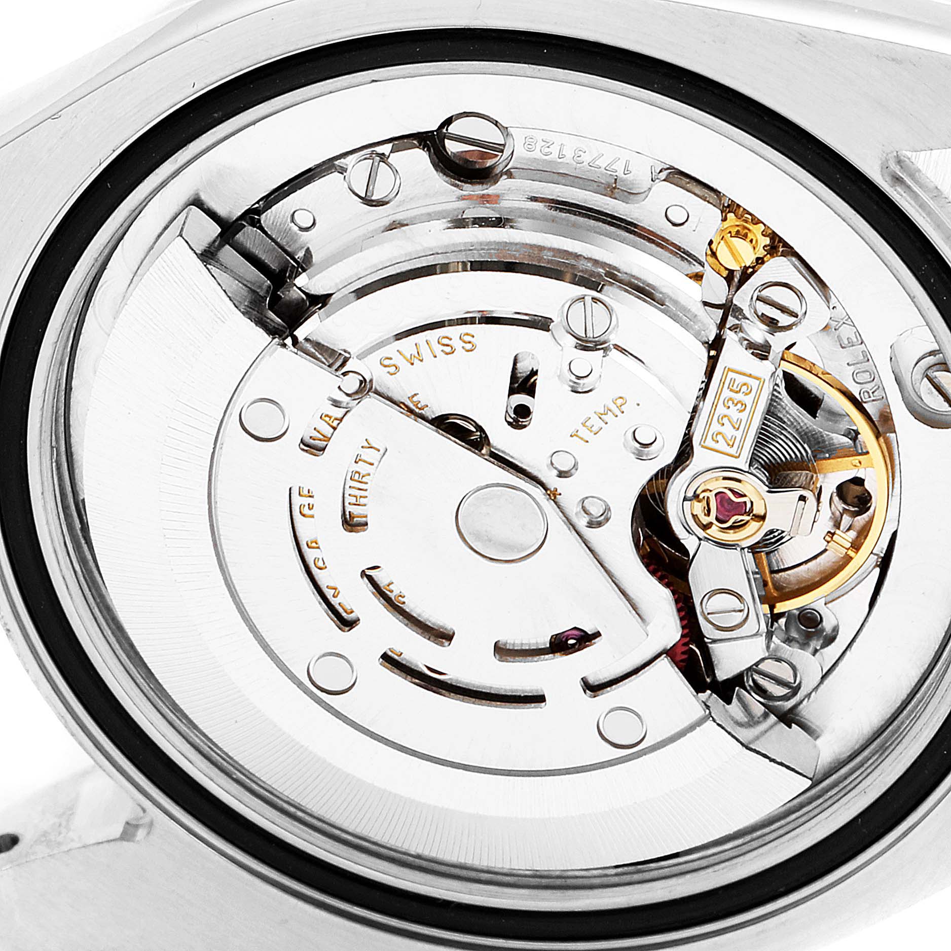 This image shows the internal mechanism of a Rolex Mid-Size 178274 Women's Stainless Steel Mother of Pearl Dial 178274 Women's Stainless Steel Mother of Pearl Dial model watch from a close-up, back view angle.