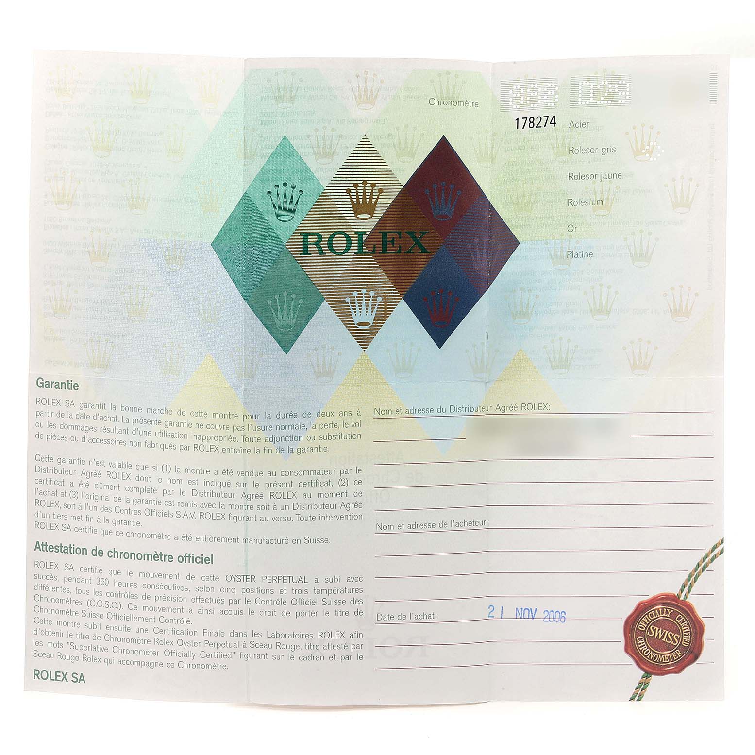 The image shows a warranty and chronometer certificate for a Mid-Size Rolex watch model.
