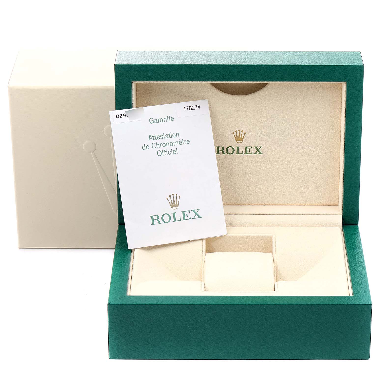 The image shows an open Rolex Mid-Size 178274 Women's Stainless Steel Mother of Pearl Dial 178274 Women's Stainless Steel Mother of Pearl Dial model watch box with the certificate and packaging.