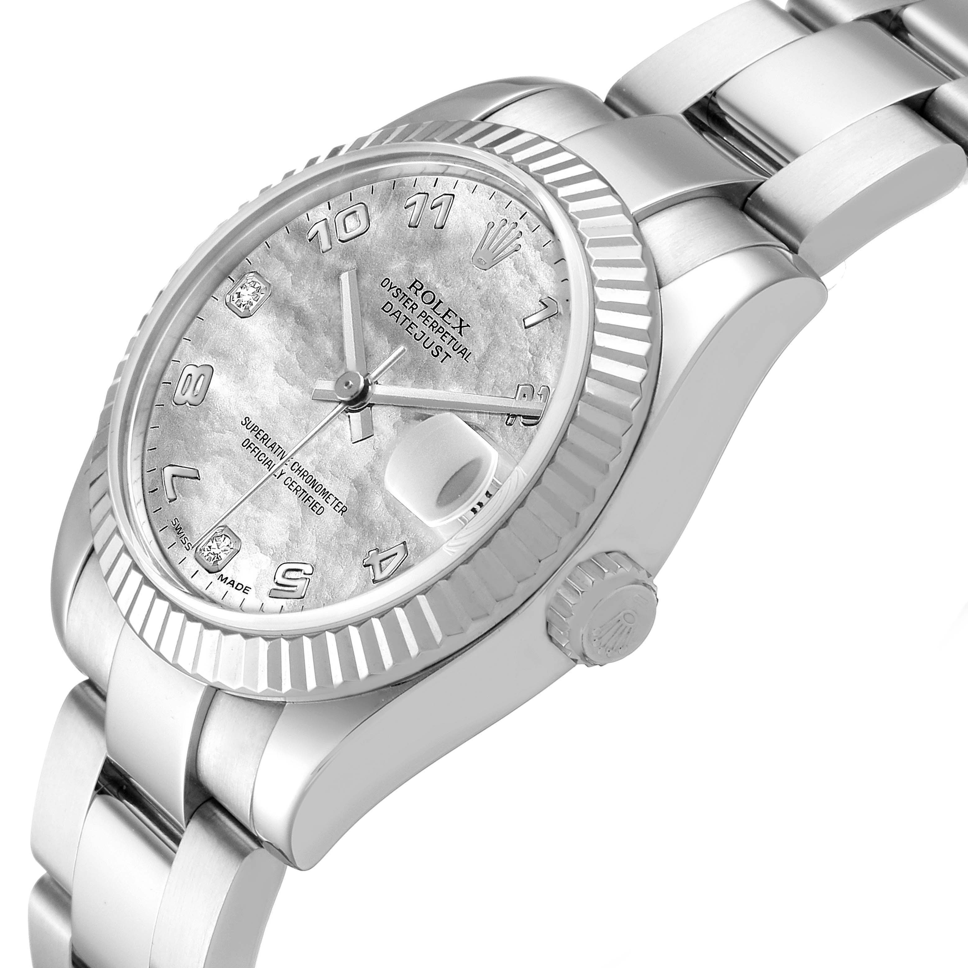 The image shows a side angle of the Rolex Mid-Size 178274 Women's Stainless Steel Mother of Pearl Dial 178274 Women's Stainless Steel Mother of Pearl Dial Datejust, highlighting its case, bezel, crown, and part of the bracelet.