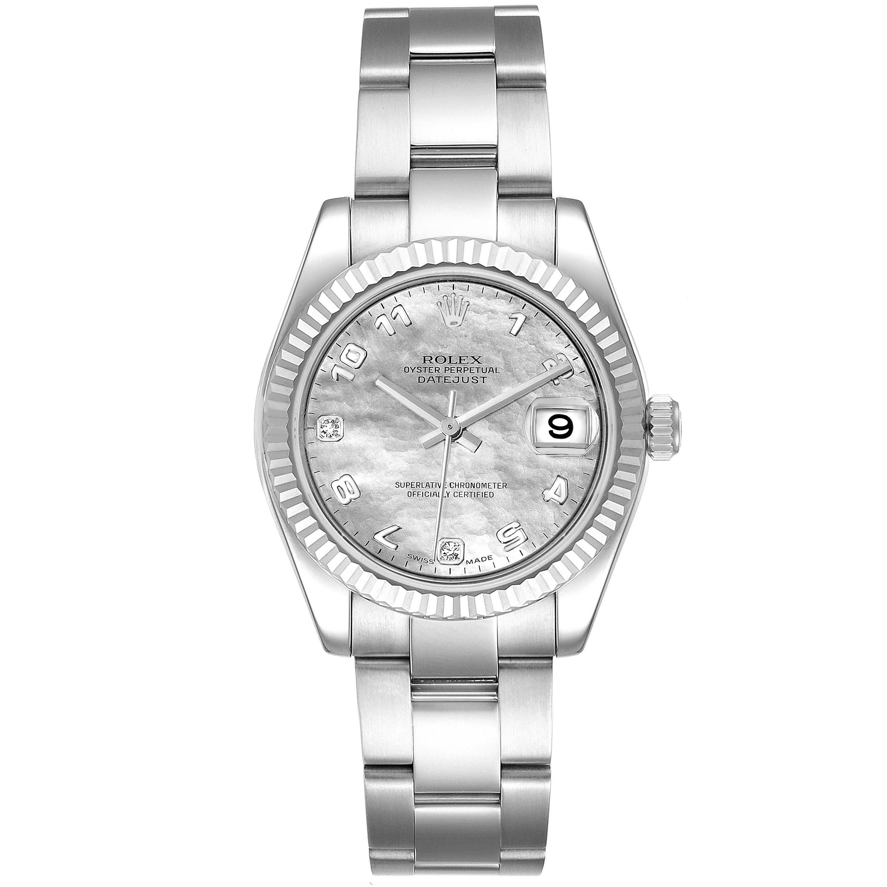 This image shows a front view of a Rolex Mid-Size 178274 Women's Stainless Steel Mother of Pearl Dial 178274 Women's Stainless Steel Mother of Pearl Dial Oyster Perpetual Datejust watch, detailing its face, bezel, and bracelet.
