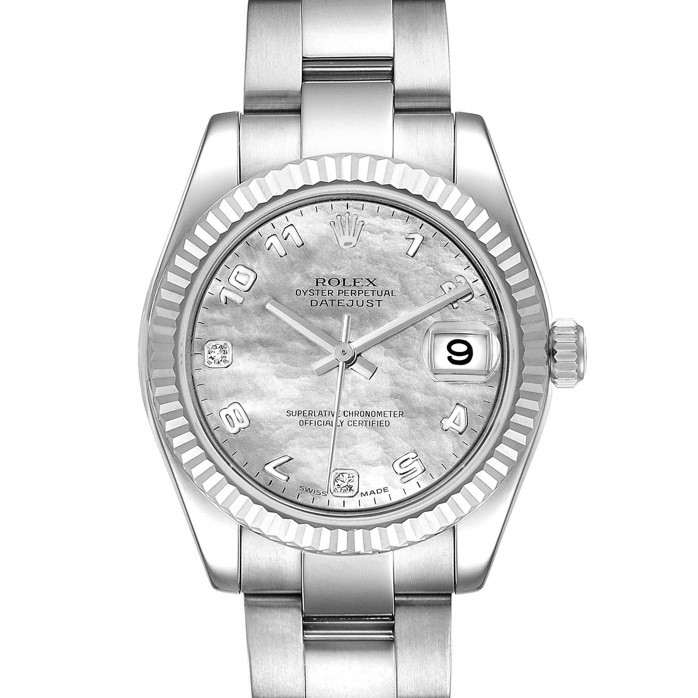The image shows a front view of a Rolex Mid-Size 178274 Women's Stainless Steel Mother of Pearl Dial 178274 Women's Stainless Steel Mother of Pearl Dial Oyster Perpetual Datejust watch, highlighting its dial, bezel, and bracelet.