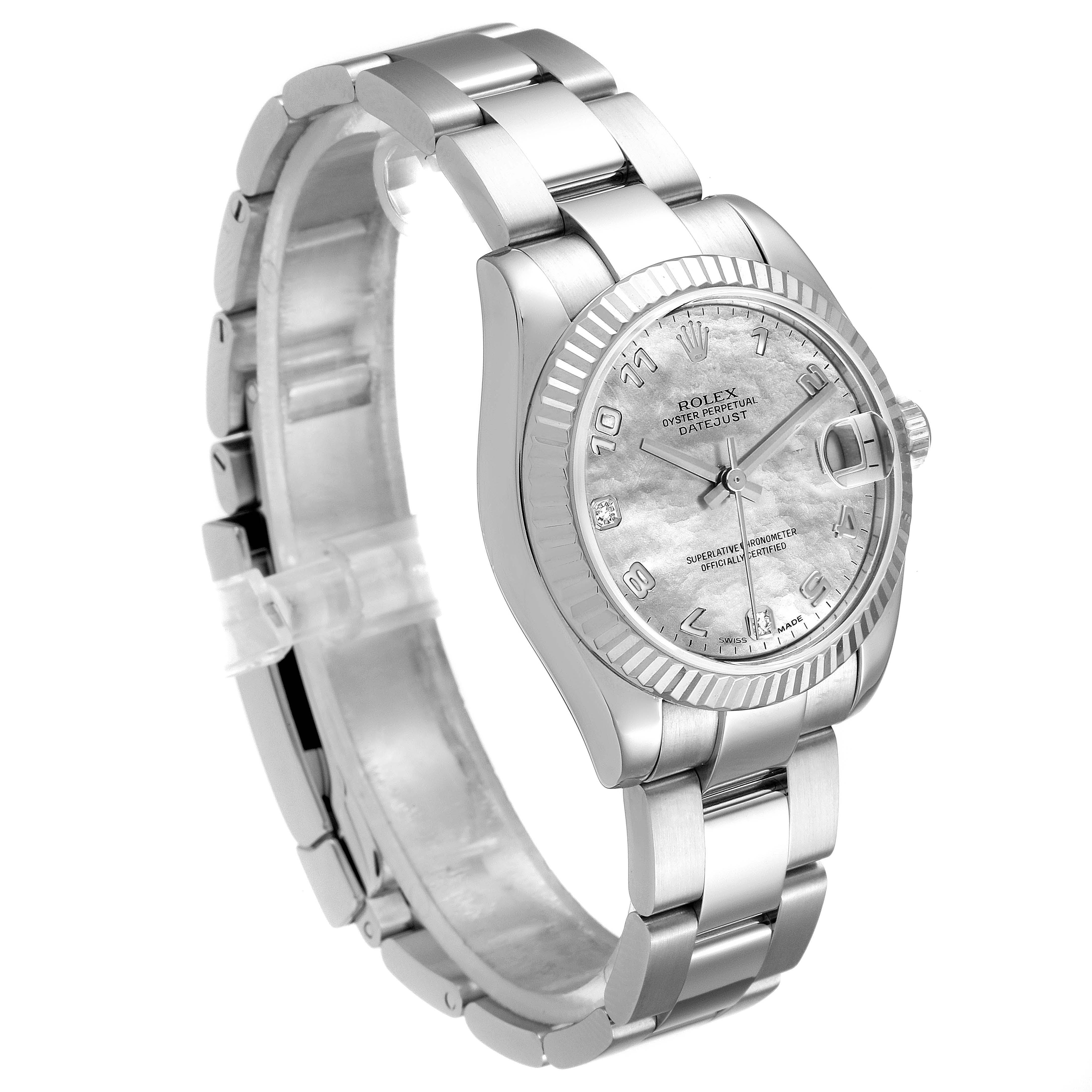 The image shows a side angle view of the Rolex Mid-Size 178274 Women's Stainless Steel Mother of Pearl Dial 178274 Women's Stainless Steel Mother of Pearl Dial Datejust watch, highlighting its bracelet, bezel, dial, and case.