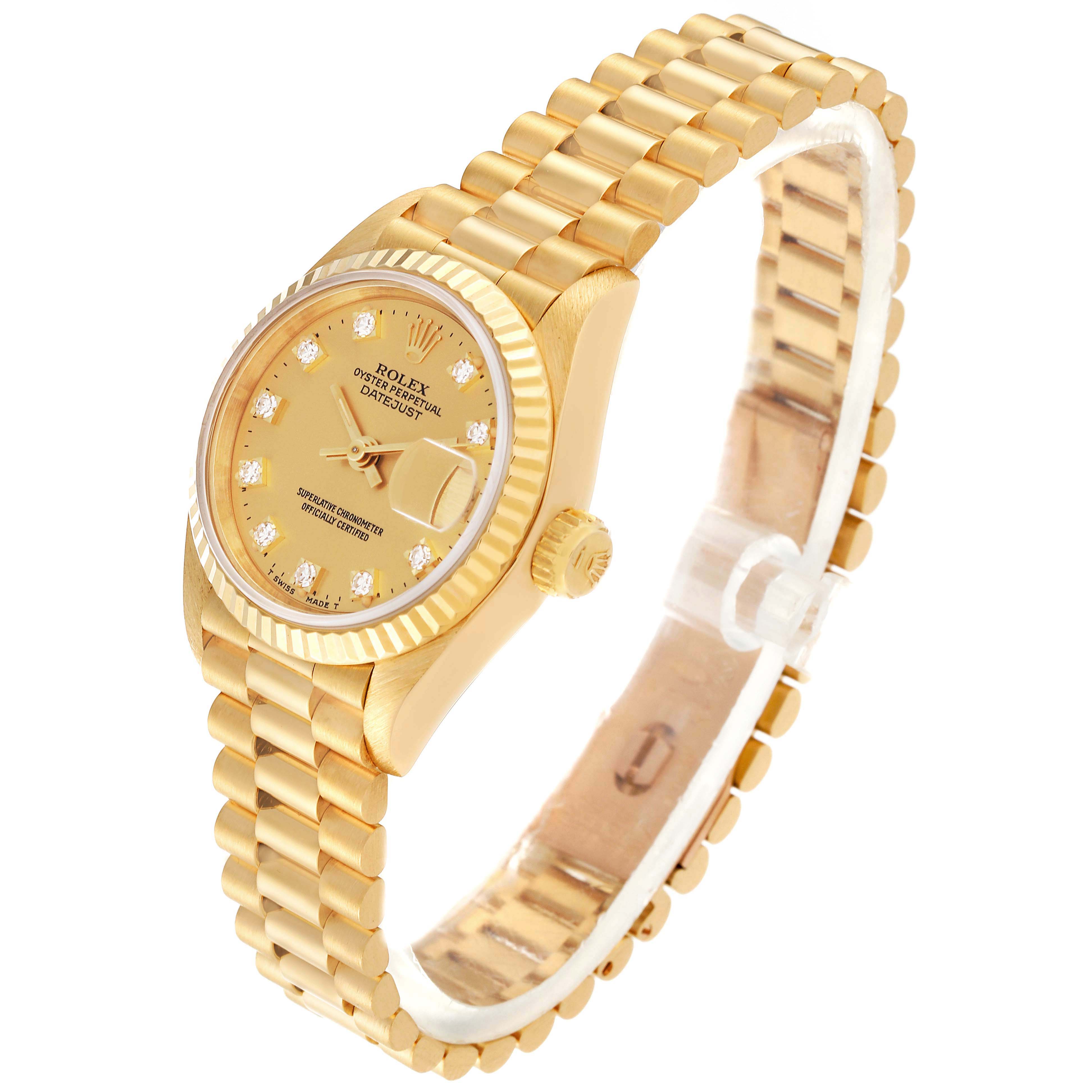 This image shows the Rolex President 69178 Women
s Yellow Gold Champagne Dial 69178 Women
s Yellow Gold Champagne Dial model watch, angled from the front-right, highlighting the face, bezel, crown, and Presidential bracelet.