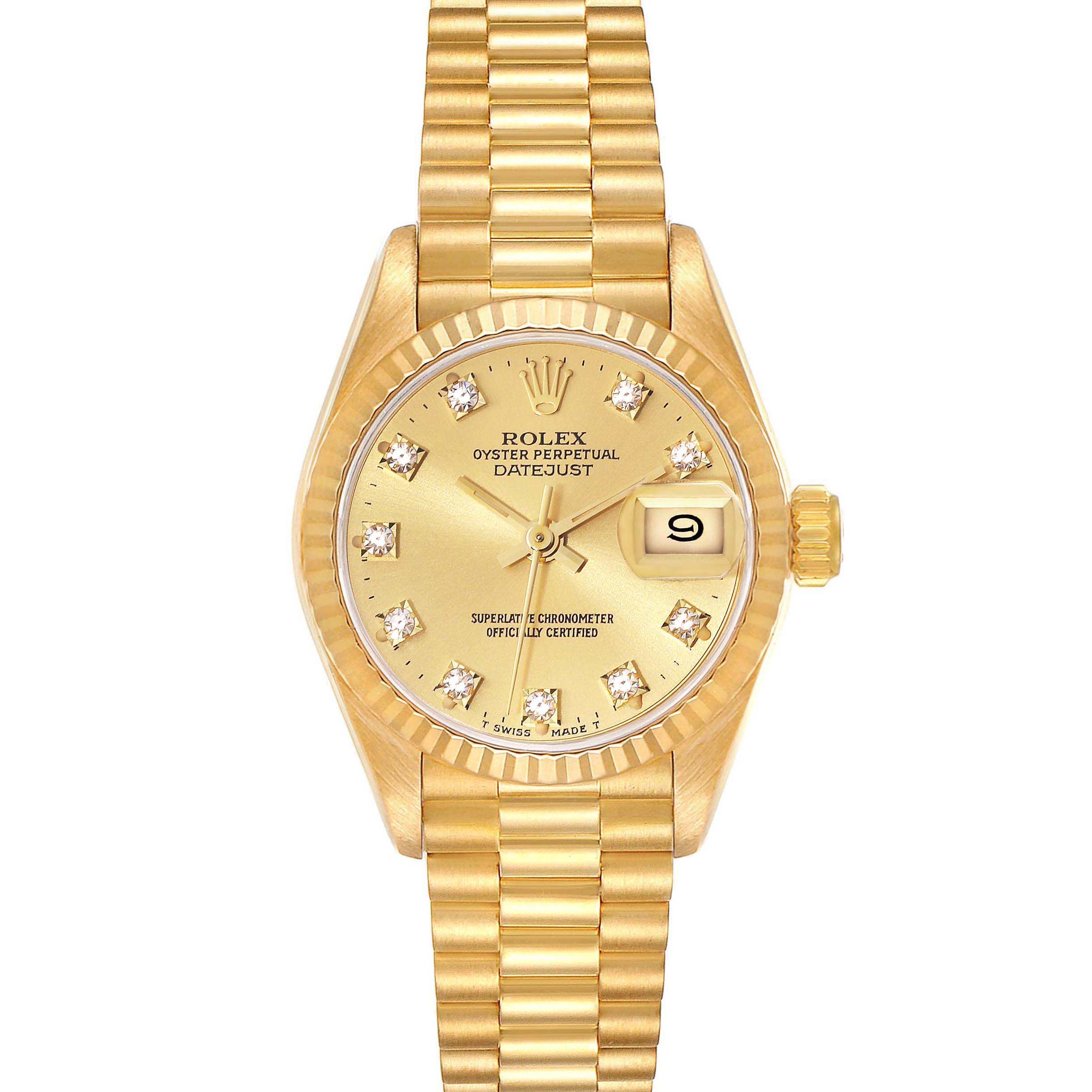 The image shows a front view of the Rolex President 69178 Women
s Yellow Gold Champagne Dial 69178 Women
s Yellow Gold Champagne Dial model Datejust, highlighting the dial, bezel, bracelet, and date window.