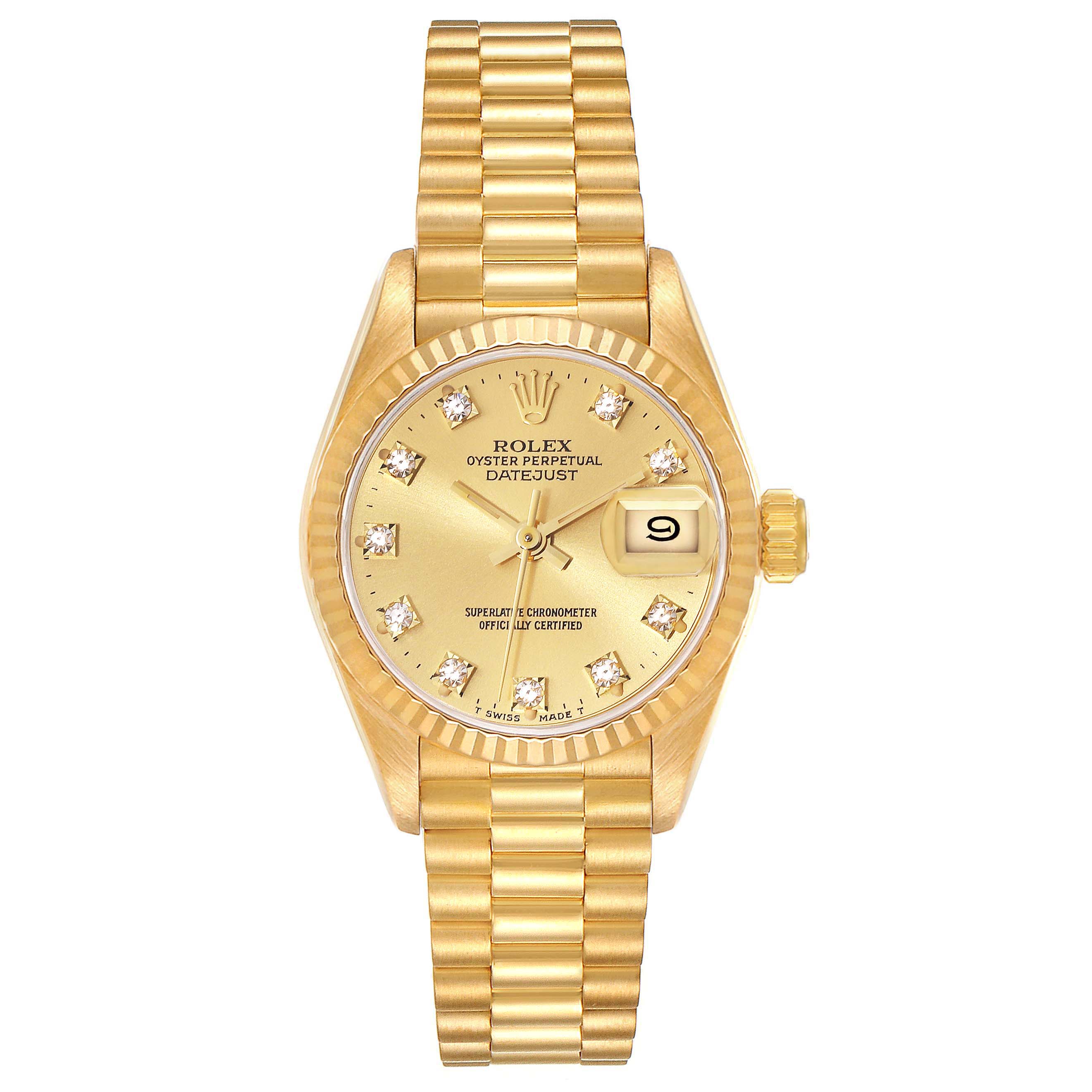 This image shows a front view of a gold Rolex President 69178 Women
s Yellow Gold Champagne Dial 69178 Women
s Yellow Gold Champagne Dial Datejust watch including its face, bracelet, and date window.