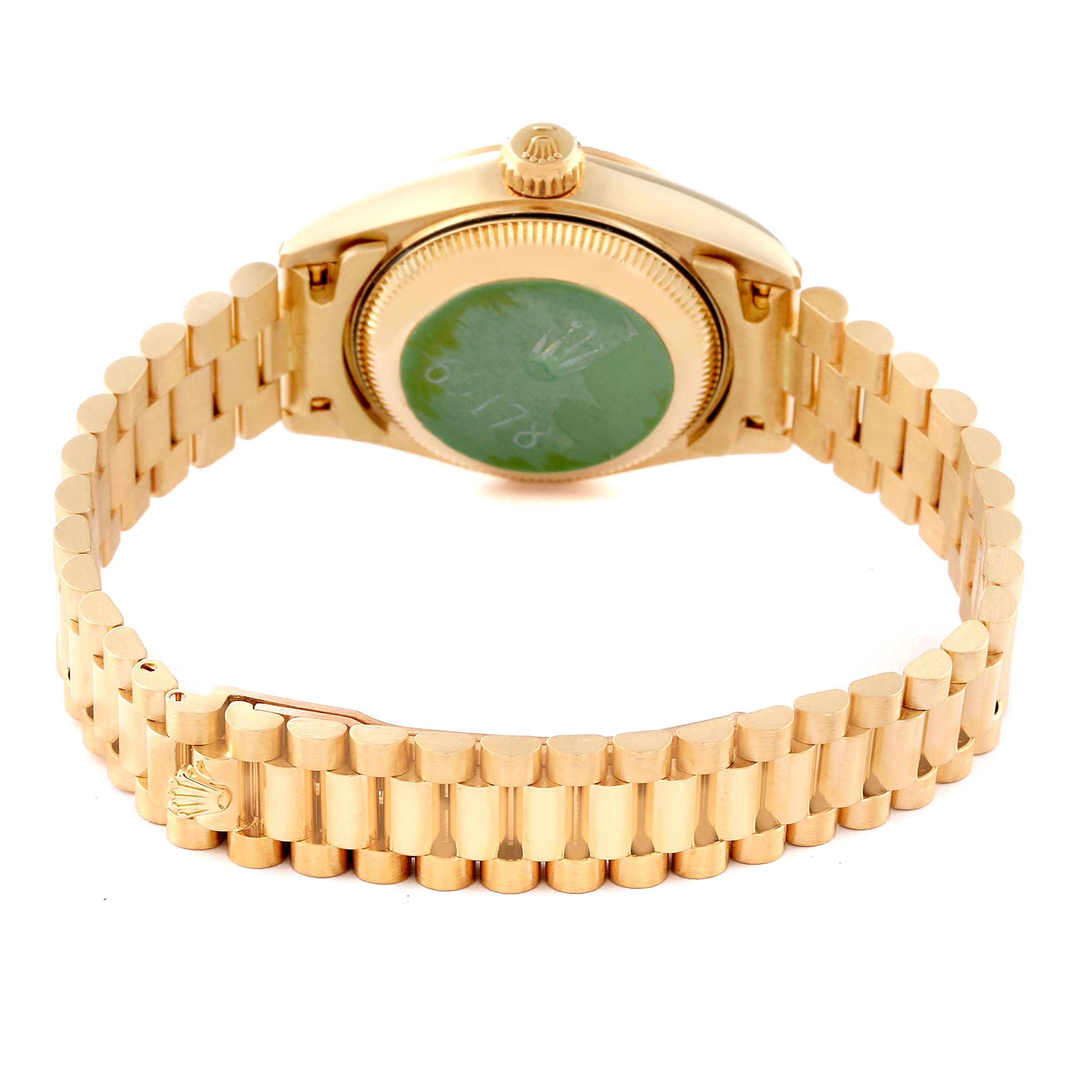This image shows the back casing and the bracelet of a Rolex President 69178 Women
s Yellow Gold Champagne Dial 69178 Women
s Yellow Gold Champagne Dial model watch.