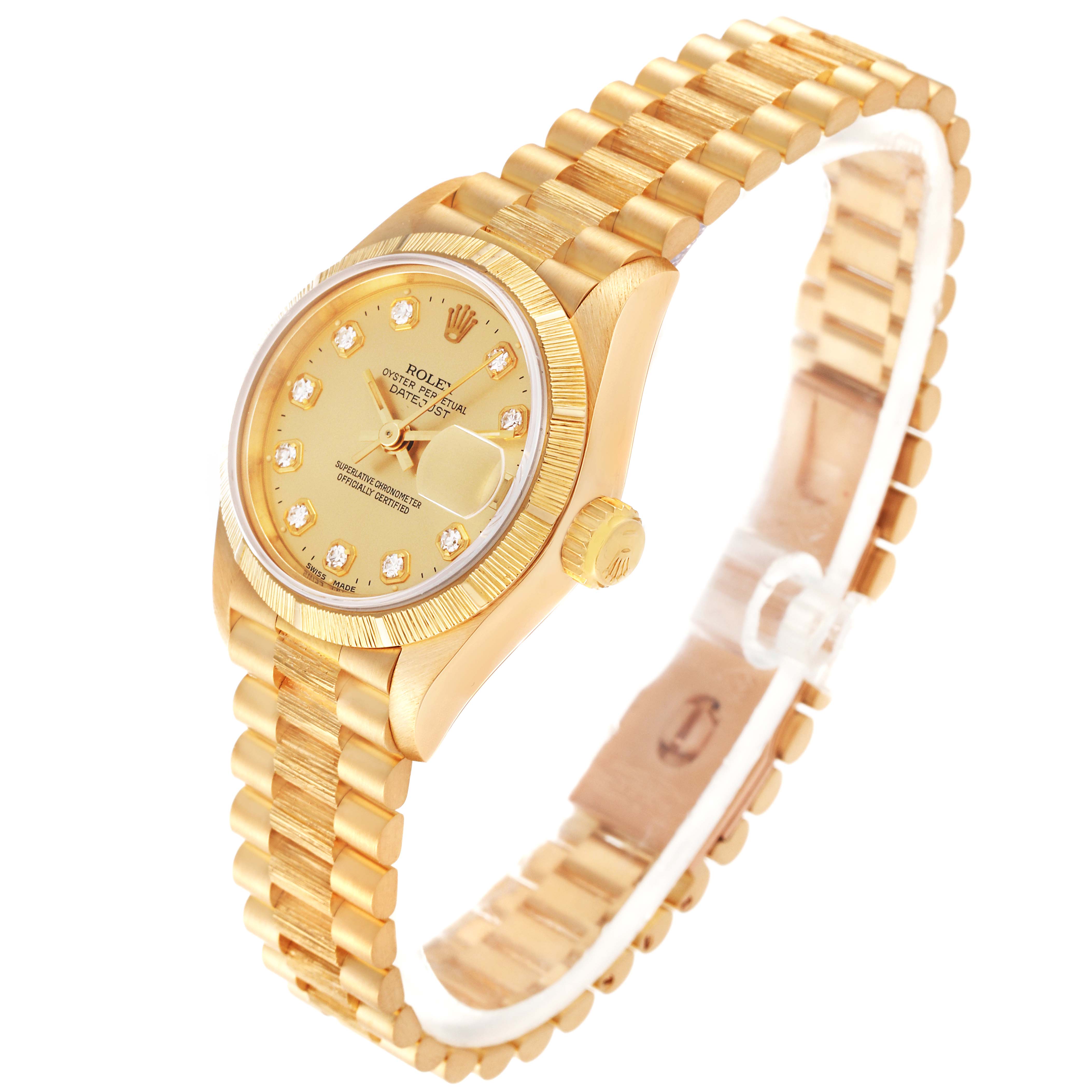 The Rolex President 69278G Women's Yellow Gold Champagne Dial 69278G Women's Yellow Gold Champagne Dial model watch is shown at an angled front view, displaying its face, bezel, crown, and gold bracelet.