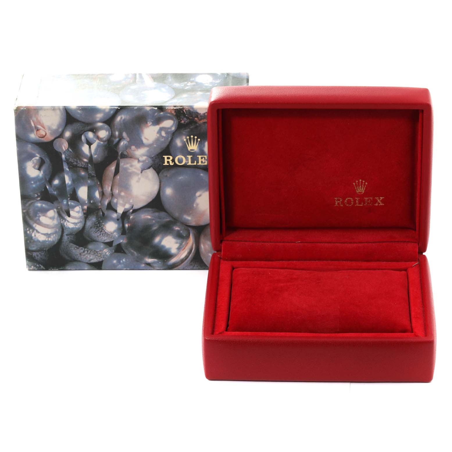 The image shows a Rolex President 69278G Women's Yellow Gold Champagne Dial 69278G Women's Yellow Gold Champagne Dial model watch box and its outer decorative packaging.