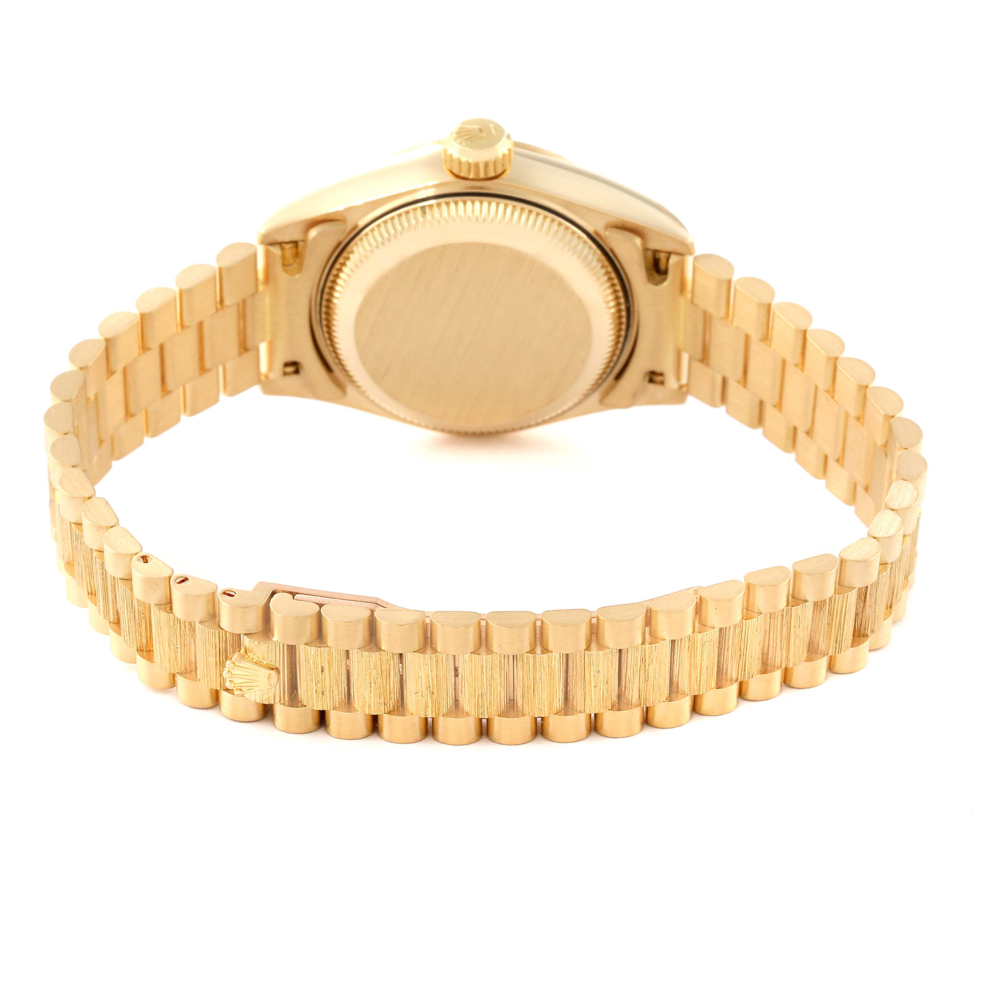 This image shows the back view of a Rolex President 69278G Women's Yellow Gold Champagne Dial 69278G Women's Yellow Gold Champagne Dial watch, highlighting the gold case and bracelet.