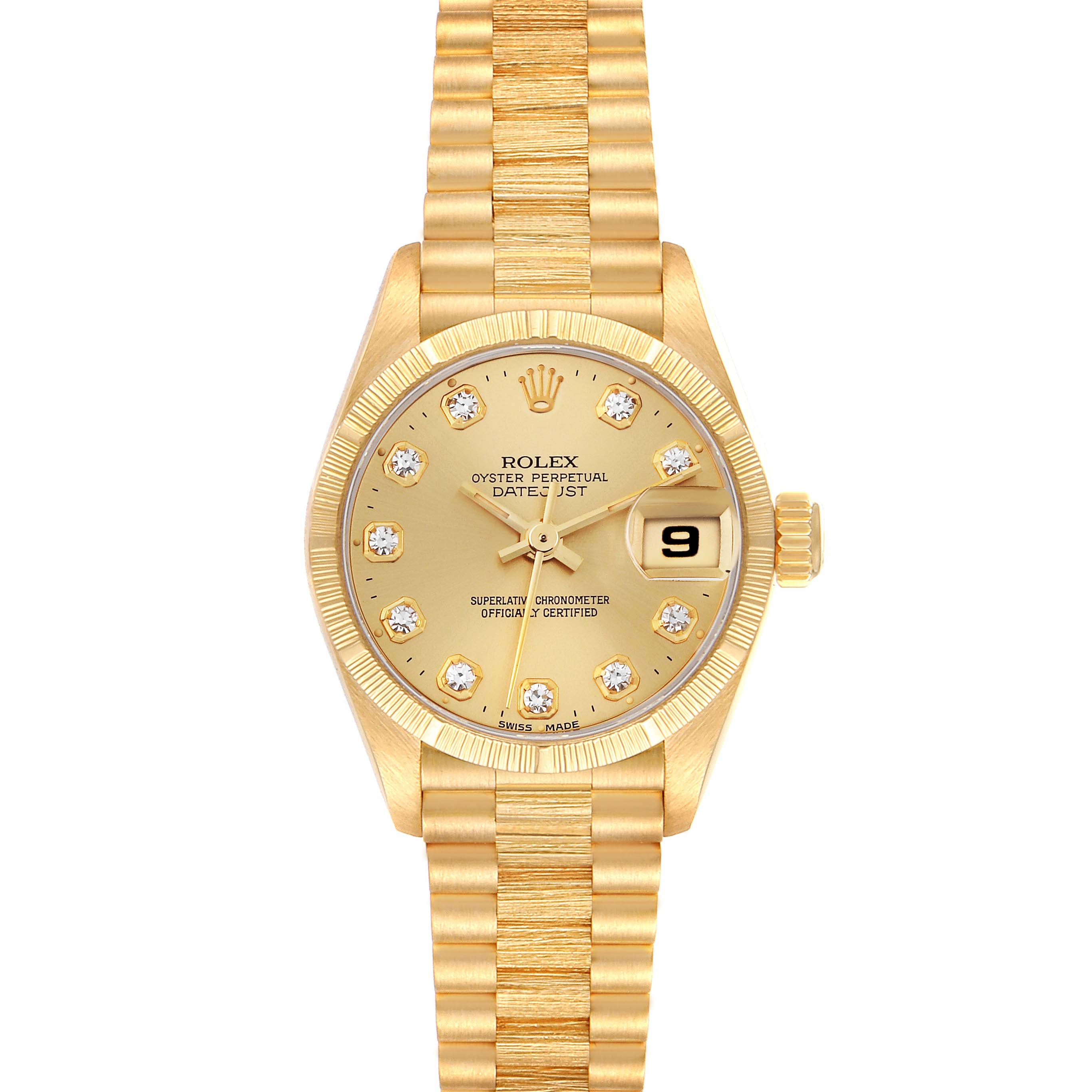 The image shows a front view of a Rolex President 69278G Women's Yellow Gold Champagne Dial 69278G Women's Yellow Gold Champagne Dial model watch, highlighting the dial, bezel, and bracelet.