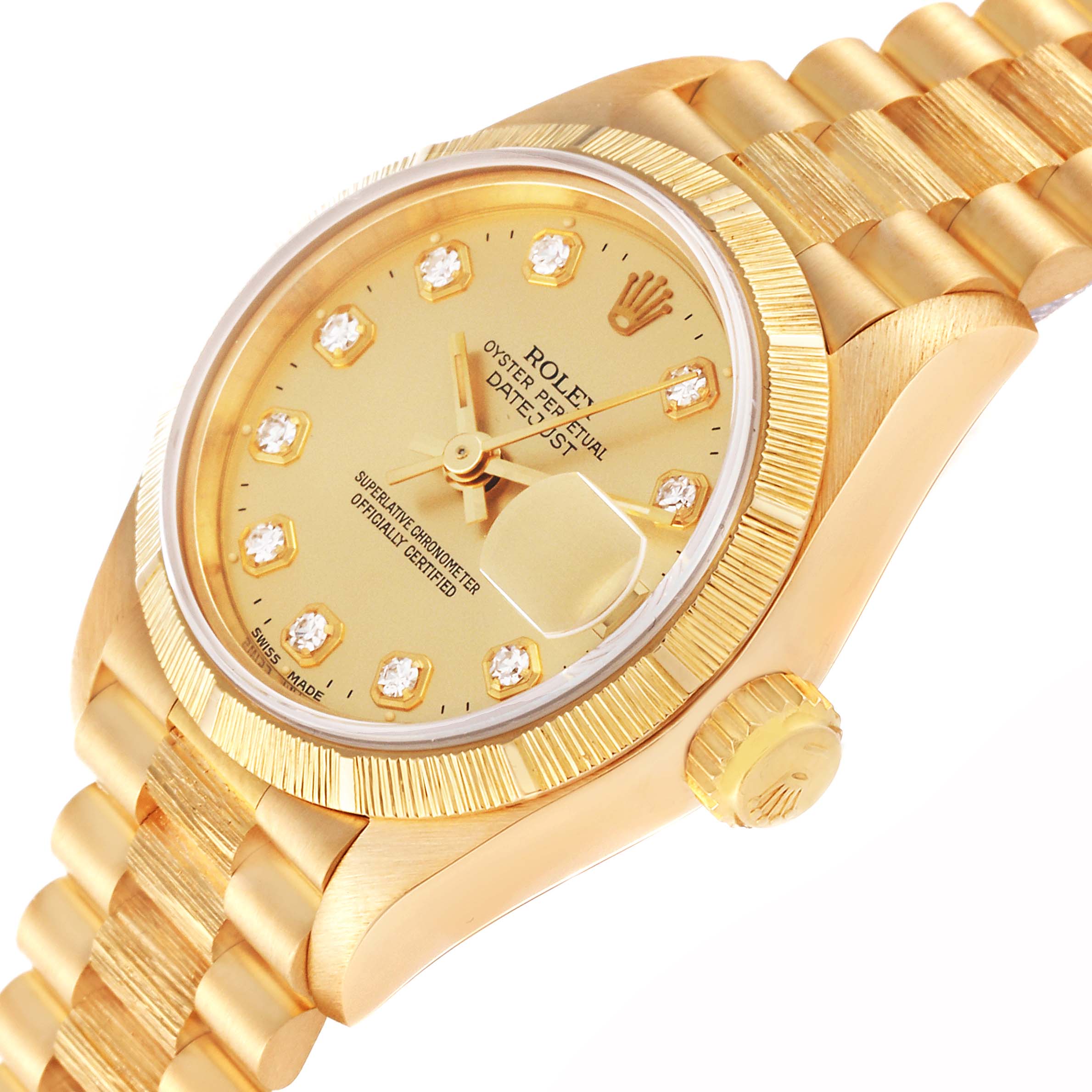 The Rolex President 69278G Women's Yellow Gold Champagne Dial 69278G Women's Yellow Gold Champagne Dial model watch is shown at an angled view, displaying the dial, bezel, crown, and bracelet.