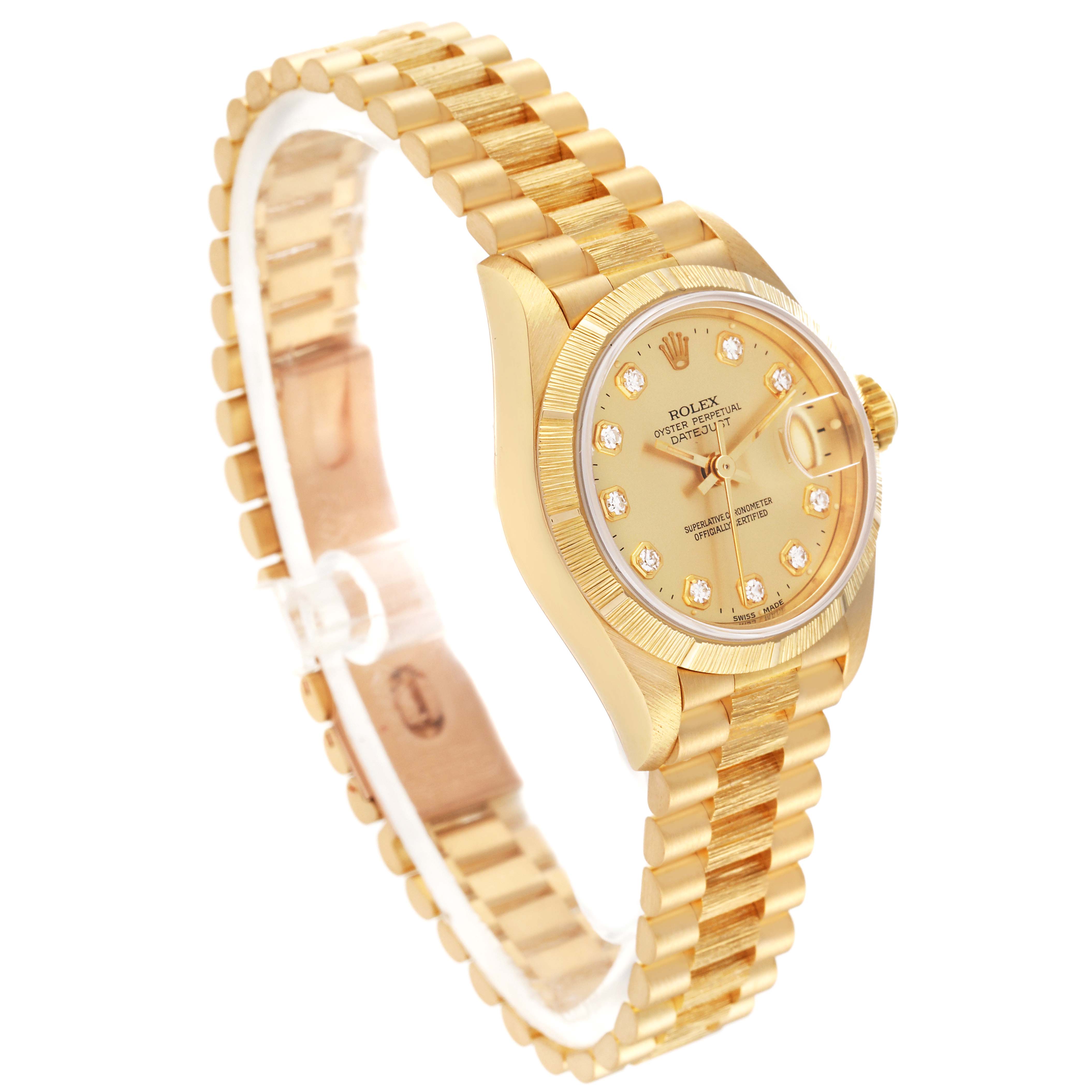 The image shows a Rolex President 69278G Women's Yellow Gold Champagne Dial 69278G Women's Yellow Gold Champagne Dial watch at a slight angle, highlighting its gold bracelet, bezel, and diamond-studded dial.