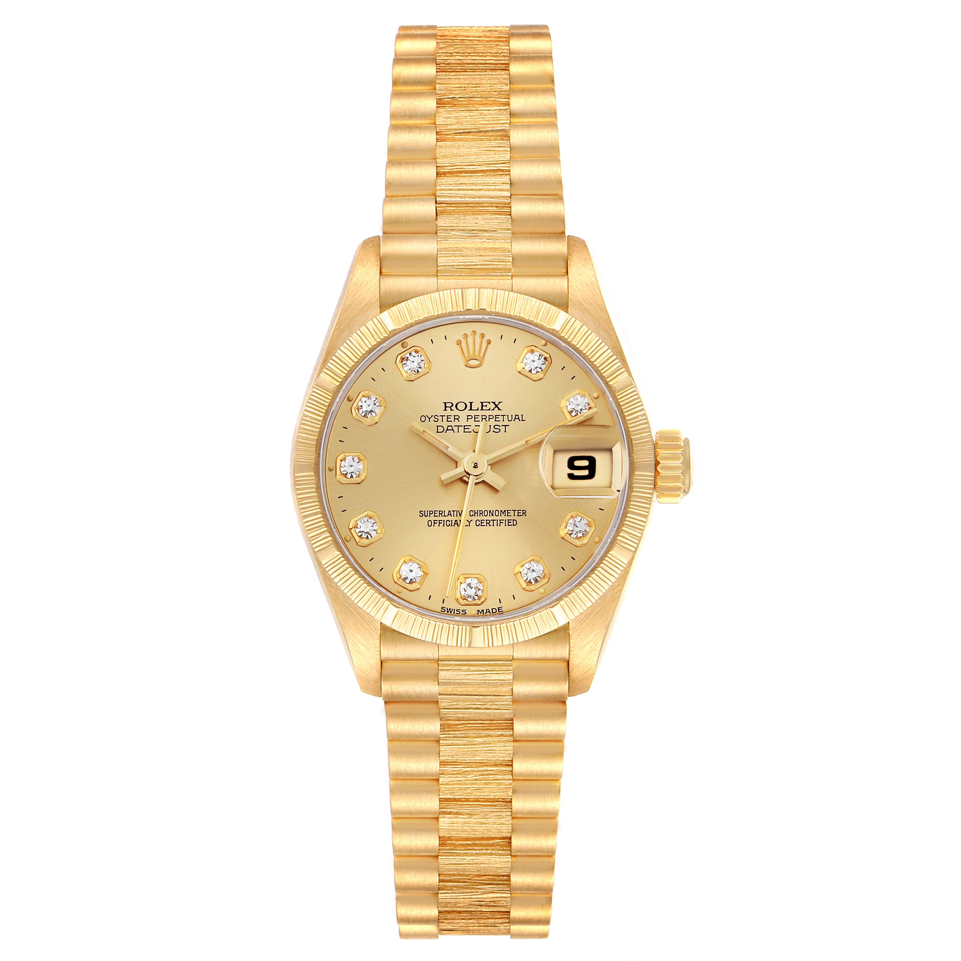 The image shows a frontal view of a Rolex President 69278G Women's Yellow Gold Champagne Dial 69278G Women's Yellow Gold Champagne Dial model watch, featuring its dial, bracelet, and bezel.